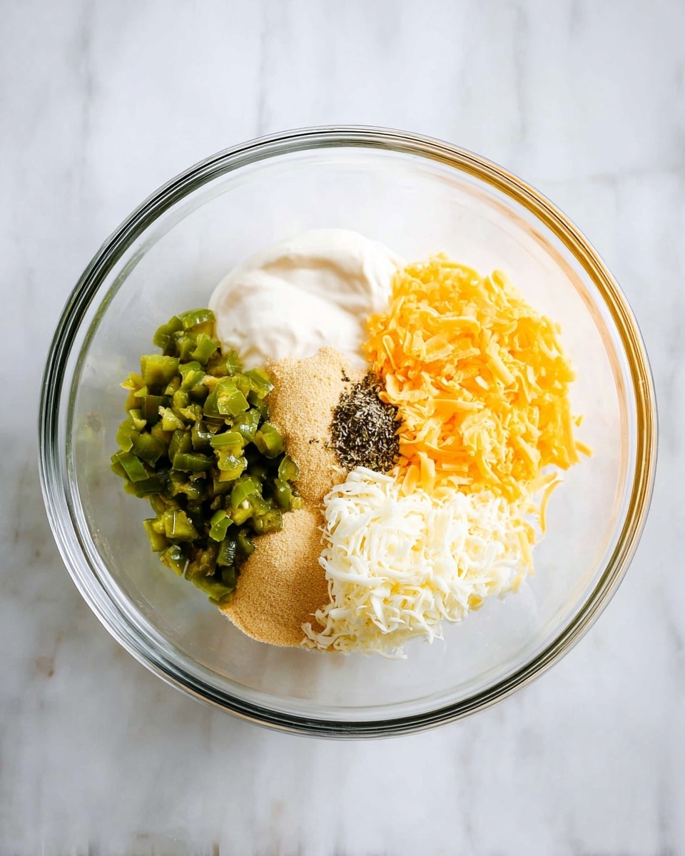 A clear glass bowl sits on a white marbled surface, filled with six distinct layers arranged side by side. On the left, there is a layer of chopped green peppers with a slightly glossy texture. Next to it, smooth white mayonnaise forms a thick layer. Above that is a small heap of light brown powder, followed by a small pile of beige granules. At the center toward the bottom lies a tiny mound of black pepper. To the right of that is a fluffy, white shredded cheese layer. Finally, on the far right, there is a bright orange-yellow shredded cheese layer. The colors and textures are all clear and separate, creating a colorful and neat mix in the bowl photo taken with an iphone --ar 4:5 --v 7
