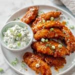 Sticky Chicken Fingers with Yogurt Blue Cheese Sauce Recipe