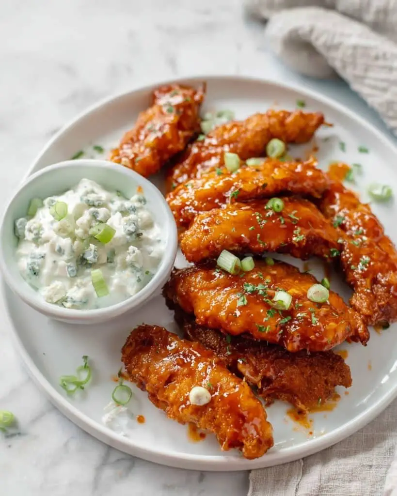 Sticky Chicken Fingers with Yogurt Blue Cheese Sauce Recipe