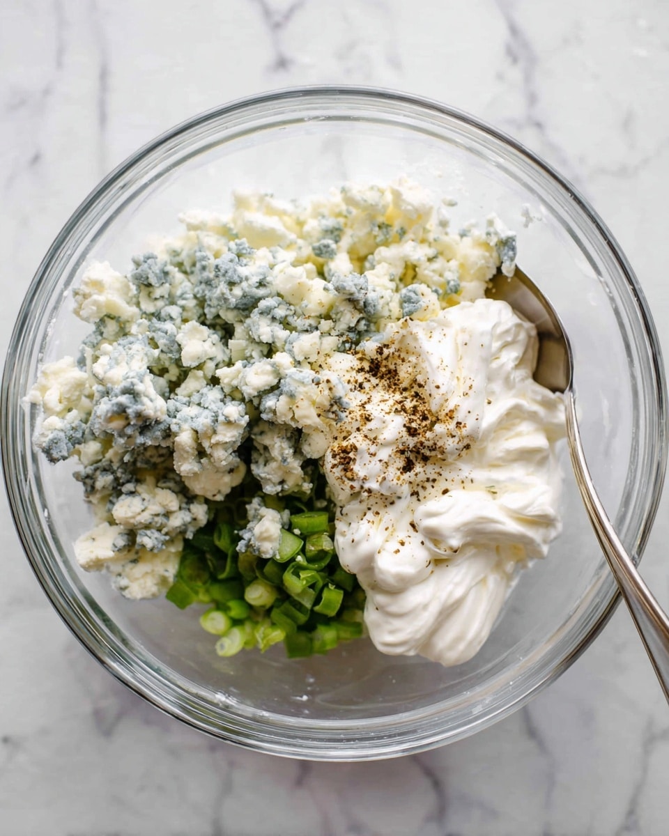 In a clear glass bowl on a white marbled surface, there are four visible layers: crumbled blue cheese with a light blue and off-white texture on the upper left, dollops of thick white sour cream on the right, finely chopped green onions at the bottom left, and a sprinkle of black pepper over the middle of the blue cheese and sour cream. A silver spoon is resting inside the bowl on the sour cream side. Photo taken with an iphone --ar 4:5 --v 7