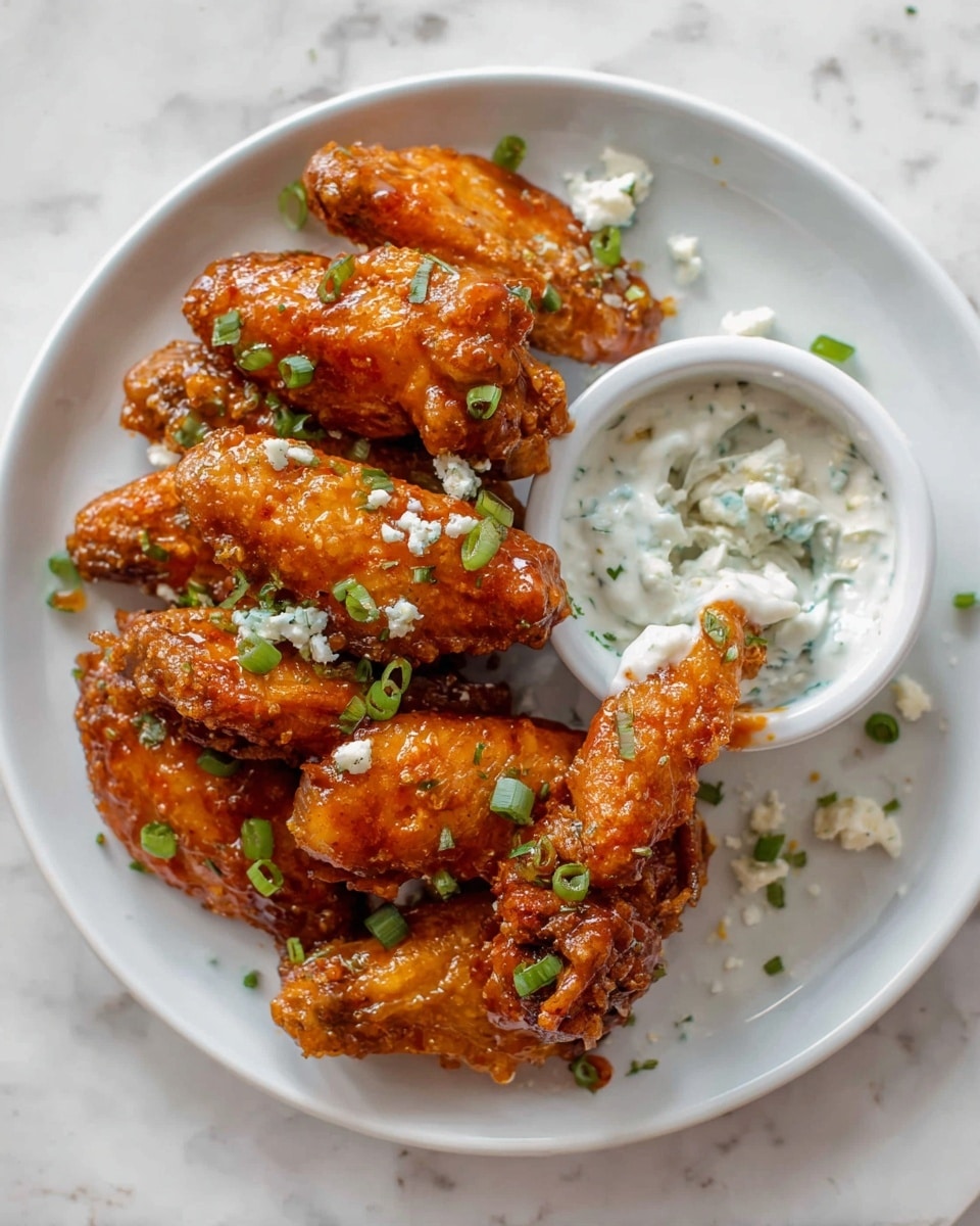 A white plate holds about eight pieces of golden-brown fried chicken wings covered in a shiny reddish-orange sauce, sprinkled with chopped green onions. To the right side of the plate, there is a small white bowl filled with a white creamy dip that has green herbs mixed in. One chicken wing is dipped halfway into the creamy sauce. Small bits of green onion and crumbly white cheese pieces are scattered near the bowl on the plate. The plate sits on a white marbled surface. photo taken with an iphone --ar 4:5 --v 7