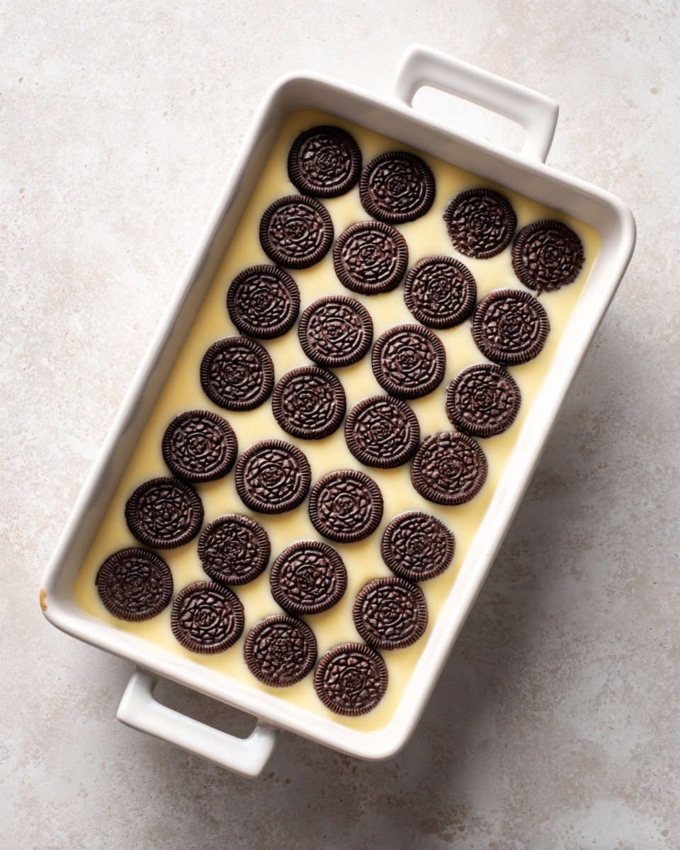 an overhead shot of a white rectangular baking dish with two small handles on the short sides, containing a layer of dark round cookies partially submerged in a pale yellow or off . the cookies are arranged in rows, with some showing their patterned surface while others are completely covered by the liquid. the dish is placed on a light colored surface, possibly a countertop. photo taken with an iphone --ar 4:5 --v 7