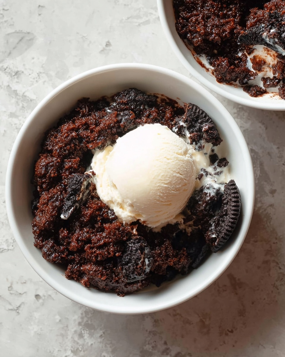 A white bowl filled with a dark brown, crumbly chocolate dessert mixed with pieces of black chocolate cookies. On top of this dessert, there is a single round scoop of creamy white vanilla ice cream, slightly melting and creating a soft contrast with the rich chocolate below. The bowl sits on a white marbled textured surface, and part of another similar bowl with just the chocolate dessert is visible in the upper right corner of the image. photo taken with an iphone --ar 4:5 --v 7