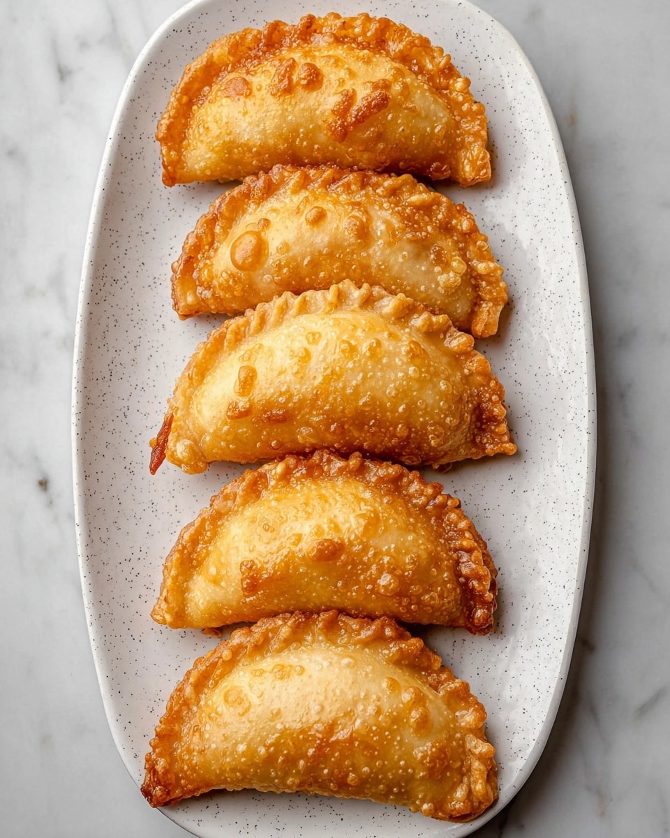 Six golden brown fried pastries are lined up in two neat columns on a white oval plate with small gray speckles. Each pastry has a bubbly, crispy surface and crimped edges, showing a cooked dough texture that is slightly puffed up. The background is a white marbled texture. photo taken with an iphone --ar 4:5 --v 7