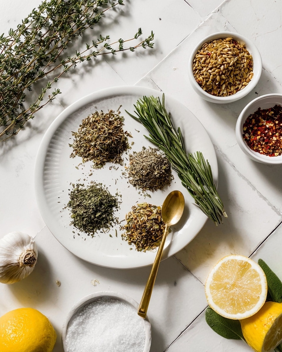 A white round plate holds four small piles of dried herbs, each with different shades of green and brown, and a sprig of fresh rosemary on the right side. A long golden spoon rests diagonally on the left edge of the plate. Around the plate on a white marbled tiled surface are fresh rosemary sprigs at the bottom left, halved lemons with green leaves at the bottom right, a bowl of coarse white salt at the bottom left, a half bulb of garlic on a small white plate at the middle left, and small white bowls with crushed red pepper flakes at the right and mixed seeds or grains at the top. Fresh thyme sprigs are scattered near the top edge of the main plate. The image feels bright and clean with natural lighting. photo taken with an iphone --ar 4:5 --v 7