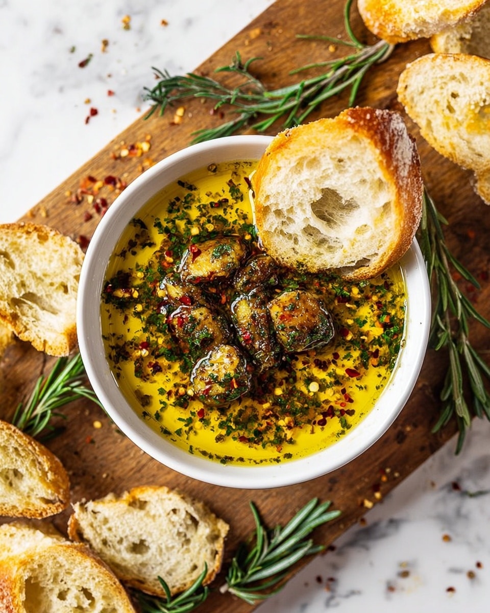 A white bowl sits on a wooden board over a white marbled surface, filled with a golden yellow olive oil mix with chopped green herbs and red chili flakes scattered on top. In the center, there is a cluster of roasted garlic cloves gravy with some green leaves and a small sprig of rosemary. A piece of crusty bread, soaked partially in the oil, rests on the edge of the bowl. Around the bowl, more slices of the same bread and sprigs of rosemary lie casually on the board and surface. Photo taken with an iphone --ar 4:5 --v 7