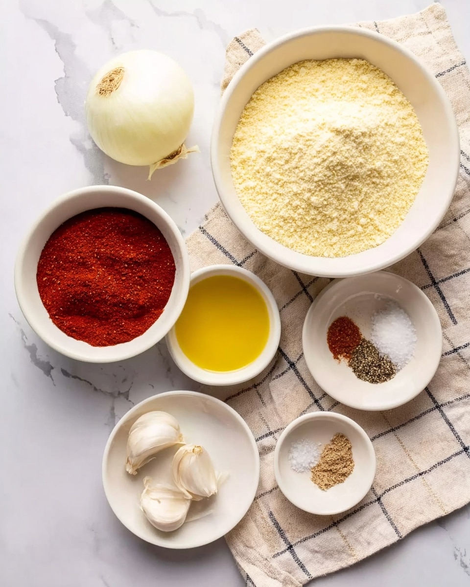 The image shows several white bowls and dishes arranged on a white marbled surface with a beige checkered cloth. One large white bowl is filled with a light yellow powder, likely cornmeal or flour, placed at the top right. Next to it is a small white round bowl filled with bright yellow oil. Below them is a small white bowl holding a thick red sauce, and to its left is a half white onion and two garlic cloves placed directly on the cloth. On the lower left, a white bowl holds a deep red spice powder. A small white plate holds small piles of white salt, black pepper, and another light brown spice arranged from right to left. The setup is clean and bright, showing a mix of powders, spices, vegetables, and oil. photo taken with an iphone --ar 4:5 --v 7