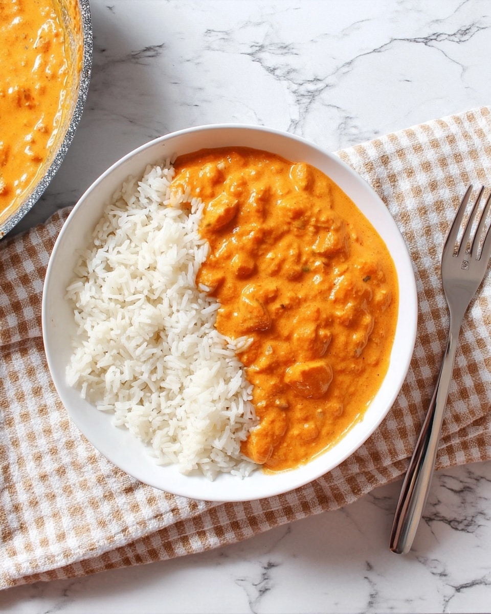 A white round dish holds two layers: the right half features white cooked rice with visible grain texture, and the left half is covered with a thick orange sauce with small chunks, spread unevenly over the rice. The dish sits on a beige and white checkered cloth on a white marbled surface, with a silver fork placed to the right of the dish. A portion of a pan with more of the same orange sauce is partially visible on the left edge of the image. Photo taken with an iphone --ar 4:5 --v 7