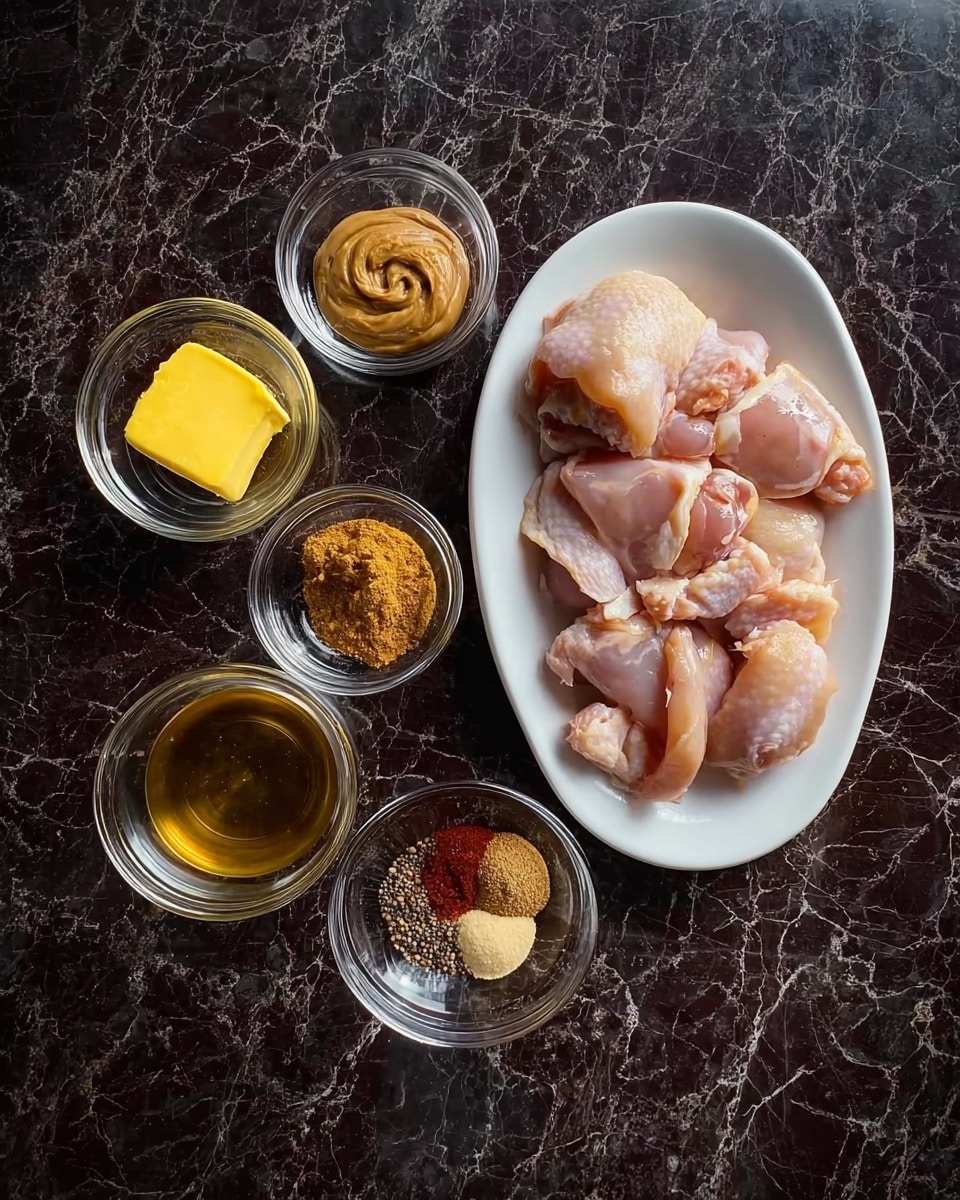 A white oval plate filled with several raw chicken pieces placed on a dark marbled surface, surrounded by small clear glass bowls each holding different ingredients: a lump of yellow butter, a scoop of smooth brown paste, a small pile of brown sugar, a mix of coarse spices with a pinch of red powder, and a bowl of clear liquid. The arrangement is neat and ready for cooking preparation. Photo taken with an iphone --ar 4:5 --v 7