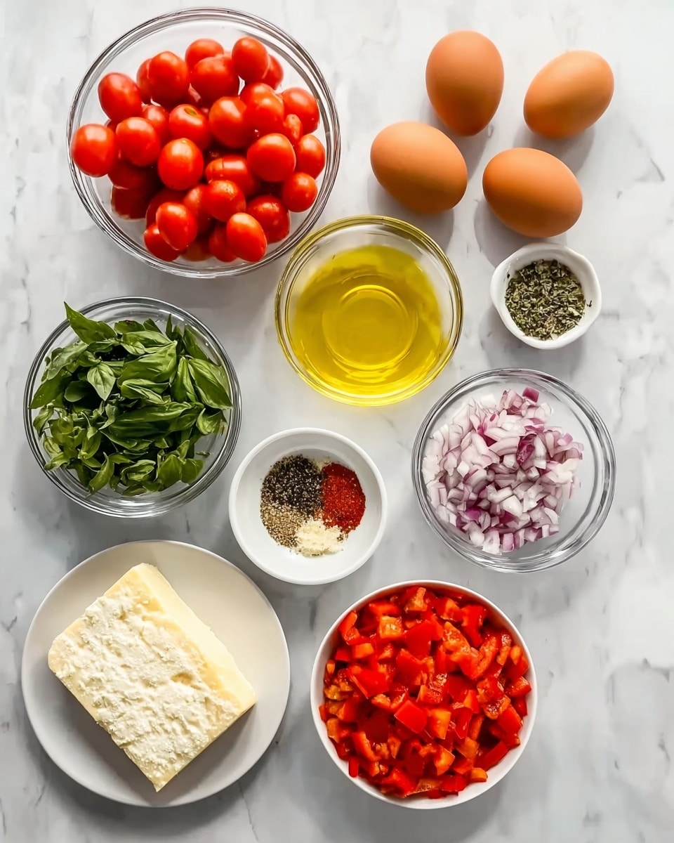 The image shows nine items arranged on a white marbled surface: a clear glass bowl filled with bright red cherry tomatoes at the top left, three brown eggs positioned in a row to the right; a shallow clear glass bowl with yellow olive oil to the right of the eggs; a white bowl filled with chopped red bell peppers at the bottom right; a small clear glass bowl with chopped red onions to the right of the bell peppers; a small clear glass bowl of minced garlic in the center; a small white dish with a mix of black pepper, dried herbs, red pepper flakes, and salt at the bottom left center; a clear glass bowl of fresh green basil leaves to the left center; and a block of pale yellow cheese, likely Parmesan, on a white plate at the far left. The colors are vibrant and fresh, arranged neatly for easy identification, photo taken with an iphone --ar 4:5 --v 7
