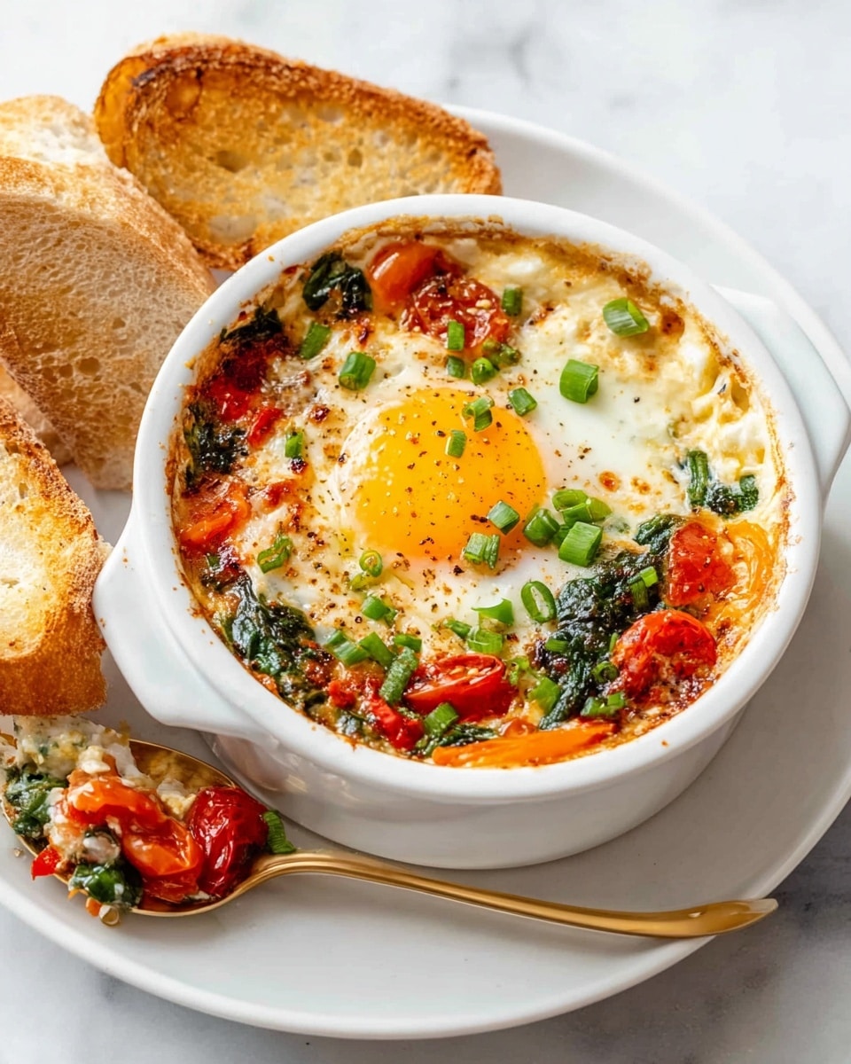 A white ceramic round dish filled with a cooked egg on top, its bright yellow yolk visible in the center surrounded by white, slightly soft egg whites. Around the egg are colorful layers of cooked red cherry tomatoes, orange bell peppers, and green spinach leaves that give a fresh, mixed texture. A sprinkle of small chopped green onions covers the dish, adding a pop of green on top. The dish sits on a white plate on a white marbled surface with two pieces of toasted bread on the side, showing a golden-brown crust and soft inner texture. A golden spoon scoops some of the mixed ingredients from one side of the dish, showing the rich, creamy base underneath. photo taken with an iphone --ar 4:5 --v 7