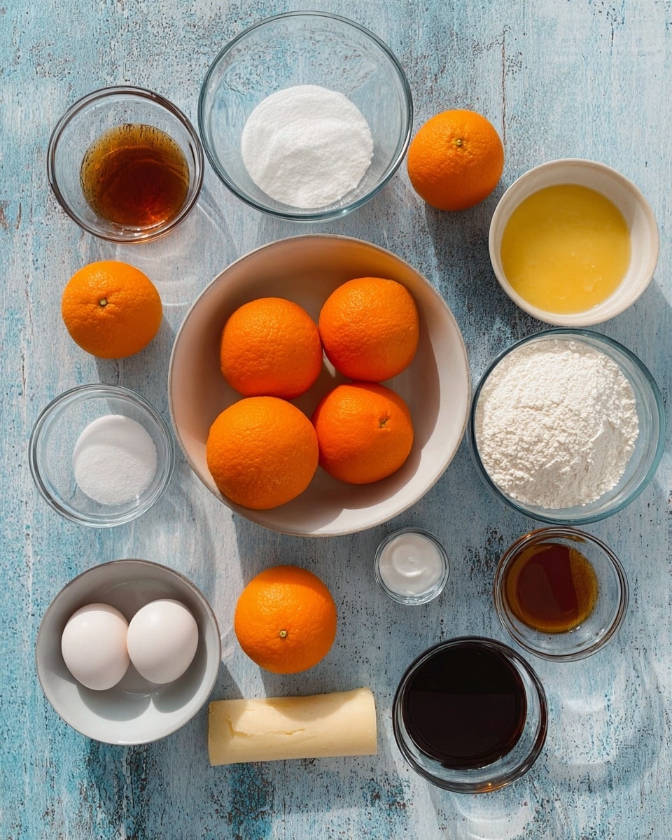 The image shows a white bowl in the center filled with five bright orange oranges. Around the bowl, there are many clear glass cups and white bowls holding various ingredients like white sugar, eggs in a small brown bowl, a small glass cup with a dark liquid, and a small white bowl with white powder. At the top is a light roll of dough on a white marbled surface that looks old and worn, painted blue. The ingredients are arranged evenly around the bowl of oranges, creating a clean and bright setup. photo taken with an iphone --ar 4:5 --v 7