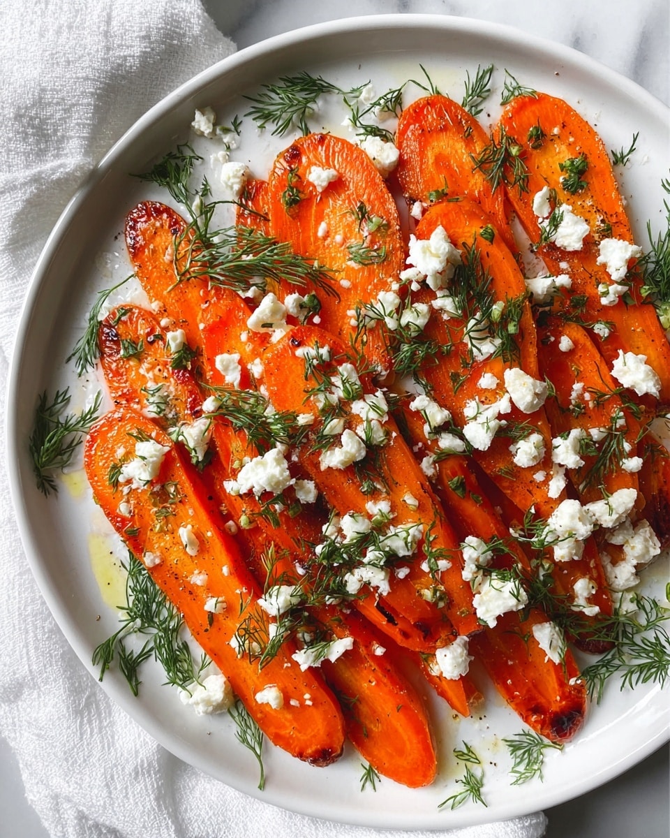 A white plate with a layer of bright orange roasted carrot slices arranged side by side covering the plate with some slight char marks, sprinkled with white crumbled cheese scattered evenly on top, and fresh green dill leaves spread over both carrots and plate edges. The plate sits on a white marbled surface with a white cloth nearby. photo taken with an iphone --ar 4:5 --v 7