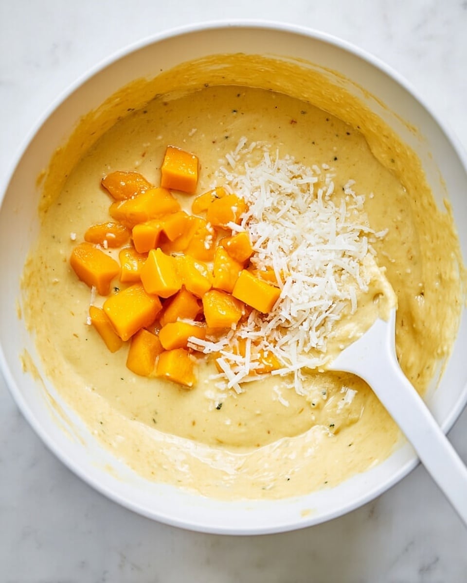 A white bowl on a white marbled surface holds a thick, pale yellow batter with a creamy texture. On top, there are two visible toppings: small cubes of bright orange fruit piled in the middle and a sprinkling of white grated shreds off to one side. A white spatula rests inside the bowl on the right, partially covered with batter. The scene is bright and clear, showing the contrast between the vibrant orange cubes and the soft yellow batter with white shreds. Photo taken with an iphone --ar 4:5 --v 7