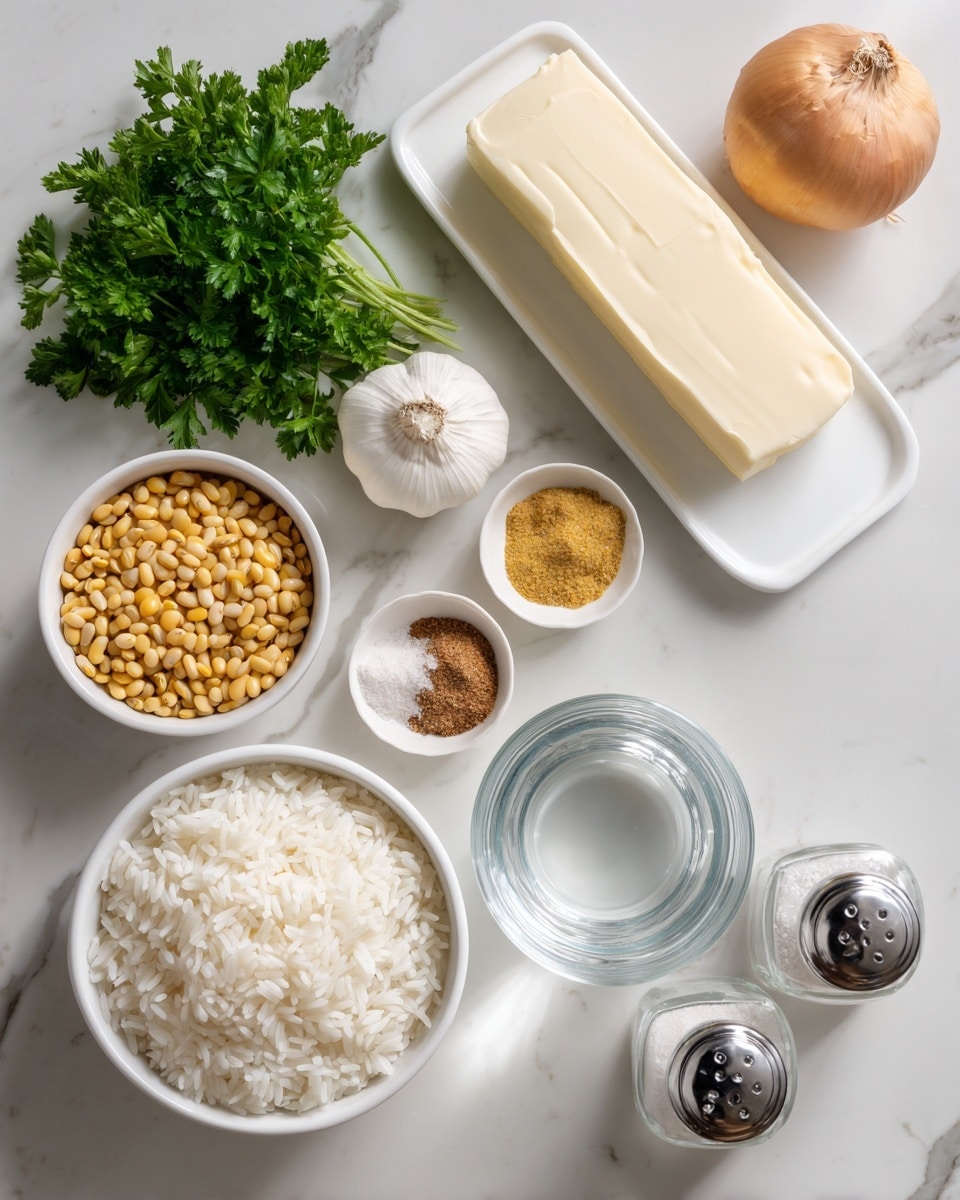The image shows several cooking ingredients placed on a white marbled surface. At the bottom left, there is a white bowl filled with uncooked white rice. To the right of this bowl, there is a rectangular white dish holding a solid stick of butter. Above the rice bowl, a bunch of fresh green parsley lies flat. Near the top left corner, a small white bowl holds dried yellow beans. At the center top, there is a whole garlic bulb and a whole white onion. To the right of the onion, two small white bowls contain powdered spices one is brown, and the other is bright yellow. In the middle of the layout, a small clear glass bowl filled with water is visible. To the far right, two small clear salt and pepper shakers are placed. All items are arranged neatly with no overlaps, and the photo was taken with an iphone --ar 4:5 --v 7