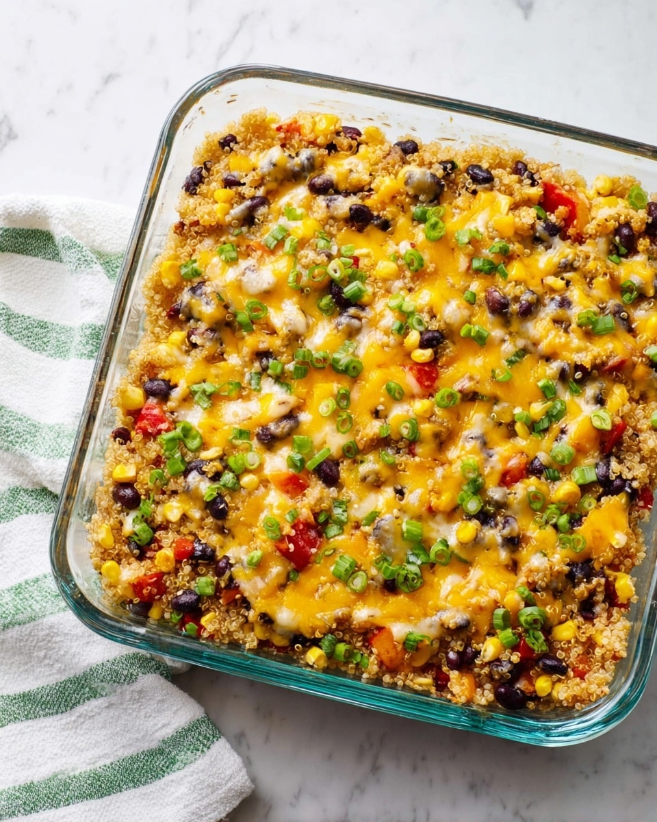 The dish is a single-layer casserole in a clear glass square baking dish. The top layer is a mix of bright yellow melted cheese scattered unevenly, small black beans, pieces of red and yellow bell peppers, and corn kernels giving pops of yellow. There are also green chopped herbs and green onion bits sprinkled all over, adding freshness. The base layer looks like cooked quinoa, light beige in color with a fluffy texture. The casserole sits on a white marbled surface with a striped white and green cloth nearby. Photo taken with an iphone --ar 4:5 --v 7