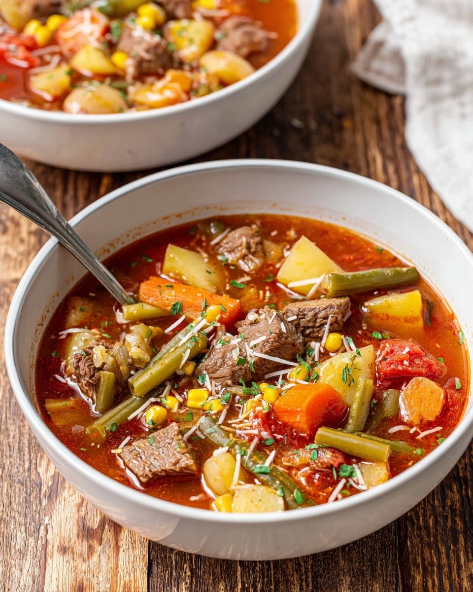 A white bowl filled with beef vegetable soup showing three main layers: a clear reddish broth as the base; medium chunks of brown beef, green beans, yellow corn, orange carrots, and red potato pieces floating on top; and small bits of chopped green herbs and white shredded cheese sprinkled over everything. A silver spoon leans inside the bowl from the left side. In the background, part of another white bowl with the same soup is visible with a white napkin beside it. The whole scene is set on a wooden surface. photo taken with an iphone --ar 4:5 --v 7