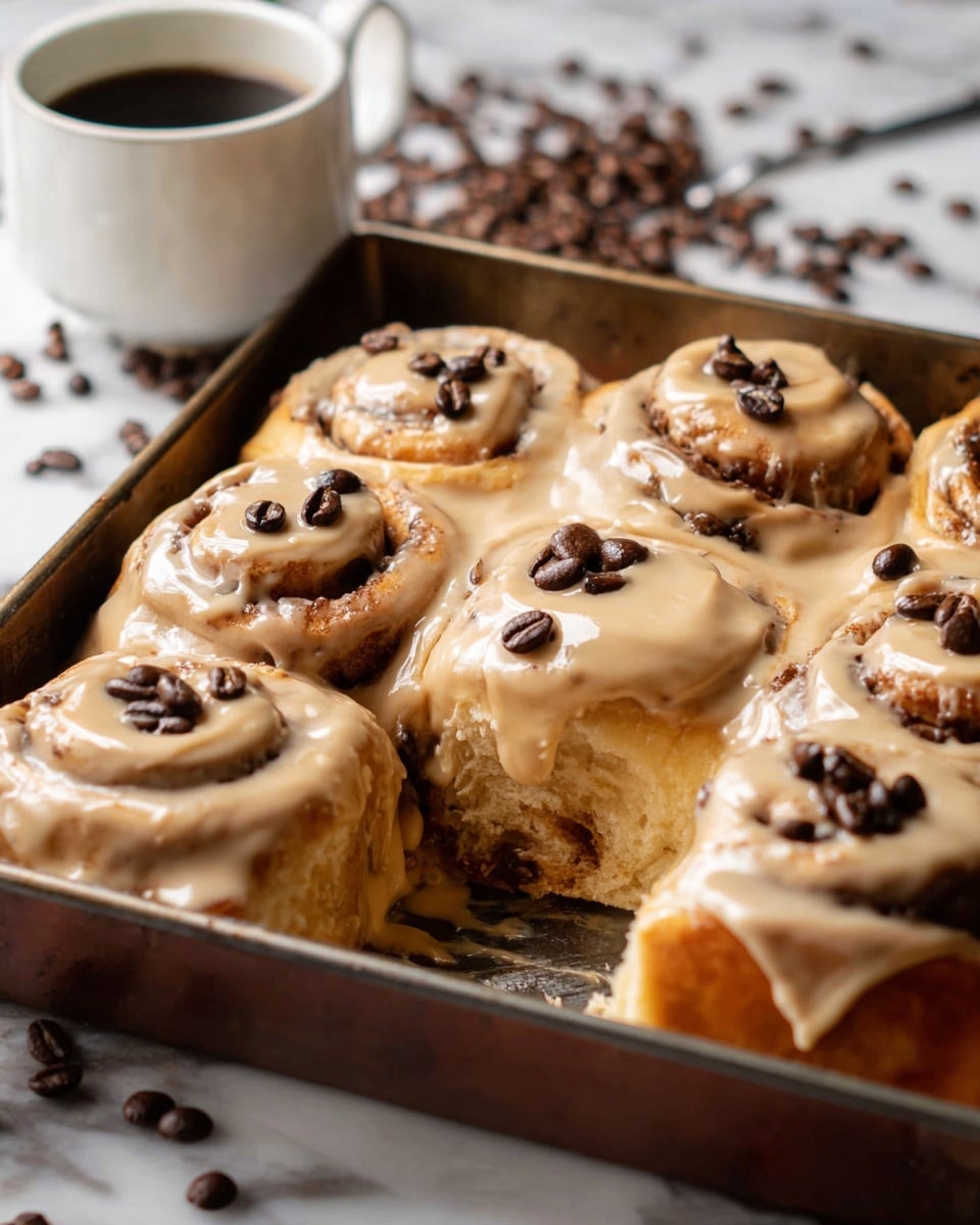 A close-up view of a metal baking tray filled with eight cinnamon rolls covered in thick, creamy light brown icing that drips down the sides. Each roll has a golden-brown spiral base with darker cinnamon swirls, topped with smooth, shiny icing and scattered dark brown coffee beans on top. One roll is partially eaten, showing soft, fluffy layers inside. In the background, there are scattered coffee beans and a white ceramic cup with dark coffee inside, all sitting on a white marbled surface. Photo taken with an iphone --ar 4:5 --v 7