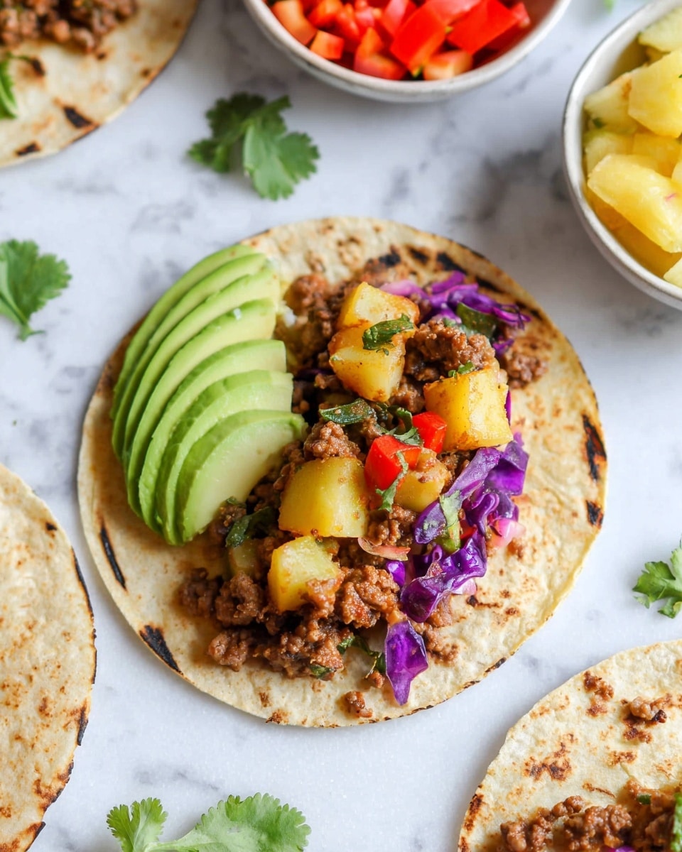 The image shows a taco on a small, lightly grilled tortilla. The first layer is a mix of cooked ground meat and small yellow potato chunks, with some diced red bell pepper and bits of purple cabbage scattered on top. To the left side of the taco, three slices of avocado are neatly placed, adding green color and a smooth texture. The taco sits on a white marbled surface with some sprigs of cilantro around, and parts of other tacos and bowls of diced vegetables and fruit are slightly visible in the background. Photo taken with an iphone --ar 4:5 --v 7