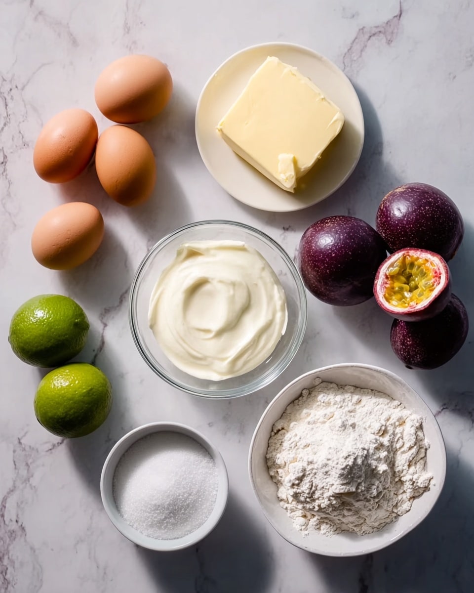 The image shows a white marbled surface with several ingredients arranged neatly on it. There are three brown eggs grouped in a triangle shape in the top left, with two whole green limes below them. A transparent white bowl with a smooth block of yellow butter sits next to the limes. Above the butter is a white bowl filled with creamy white yogurt. To the right of the yogurt bowl, three purple passion fruits are displayed, two are whole and one is cut in half showing bright yellow-orange seeds inside. Below the passion fruits, there is a small white bowl filled with fine white sugar, and next to it on the right is a larger white bowl full of white flour. The lighting is soft, with shadows creating depth, and a woman’s hand holding a small spoon is barely visible at the edge. photo taken with an iphone --ar 4:5 --v 7