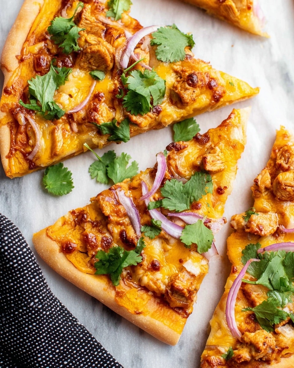 Three triangular slices of pizza are placed on a white marbled surface with parchment paper underneath. Each slice has a thin golden crust as the base layer. The second layer is a melted orange-yellow cheese covering the crust evenly. The next layer consists of small pieces of cooked chicken, reddish-orange in color, scattered across the cheese. Thin slices of purple-red onions are placed sparingly on top. Fresh green cilantro leaves are spread over the entire pizza, adding a bright contrast. On the left, a corner of a black and white dotted cloth is visible next to the pizza slices. Photo taken with an iphone --ar 4:5 --v 7