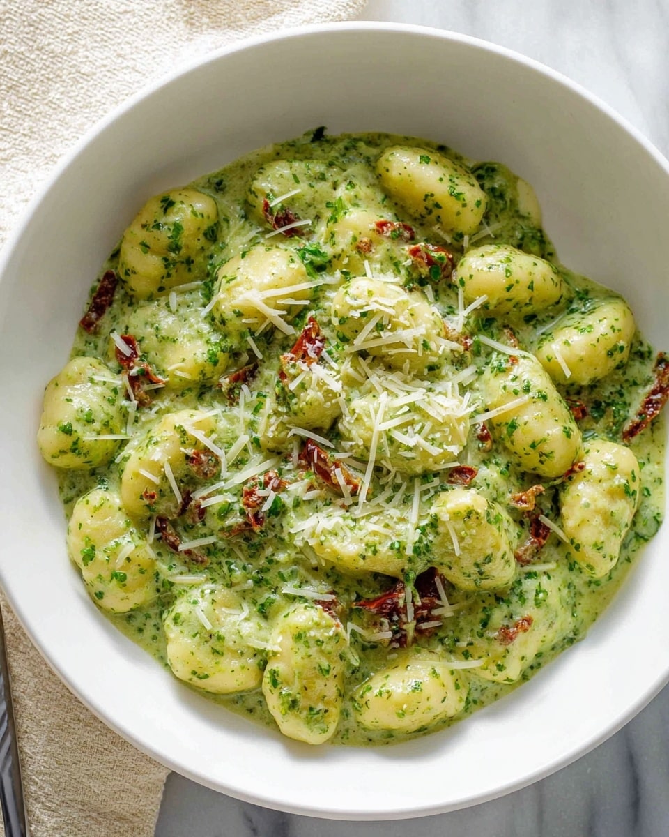 The image shows a white bowl filled with small, soft gnocchi covered in a thick green sauce mixed with chopped herbs. The sauce is creamy and coats each piece evenly, with bits of sun-dried tomato scattered throughout. The dish is topped with a light sprinkle of shredded cheese, adding texture and contrast. The bowl is placed on a white marbled surface, with a cream-colored woven cloth partially visible near the top left. The overall look is fresh and rich, with a mix of green, white, and light brown colors. Photo taken with an iphone --ar 4:5 --v 7