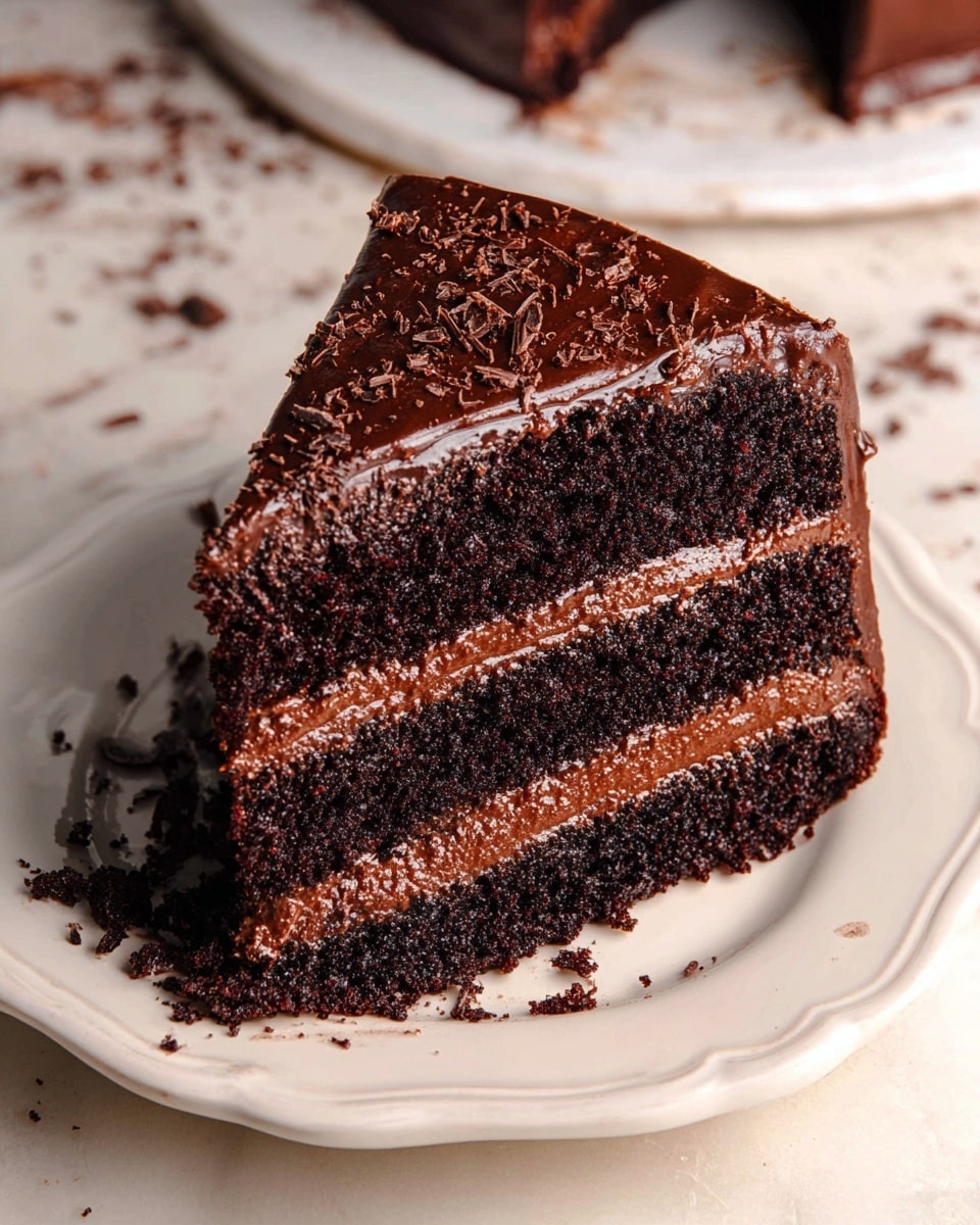 A close-up of a thick slice of three-layer dark chocolate cake resting on a white plate with a scalloped edge. Each cake layer is dark brown and textured, separated by smooth, shiny chocolate frosting filling. The entire slice is covered with the same glossy chocolate frosting, which looks creamy and slightly dripping on the sides. The background shows a white marbled surface with scattered chocolate crumbs and chunks. Photo taken with an iphone --ar 4:5 --v 7