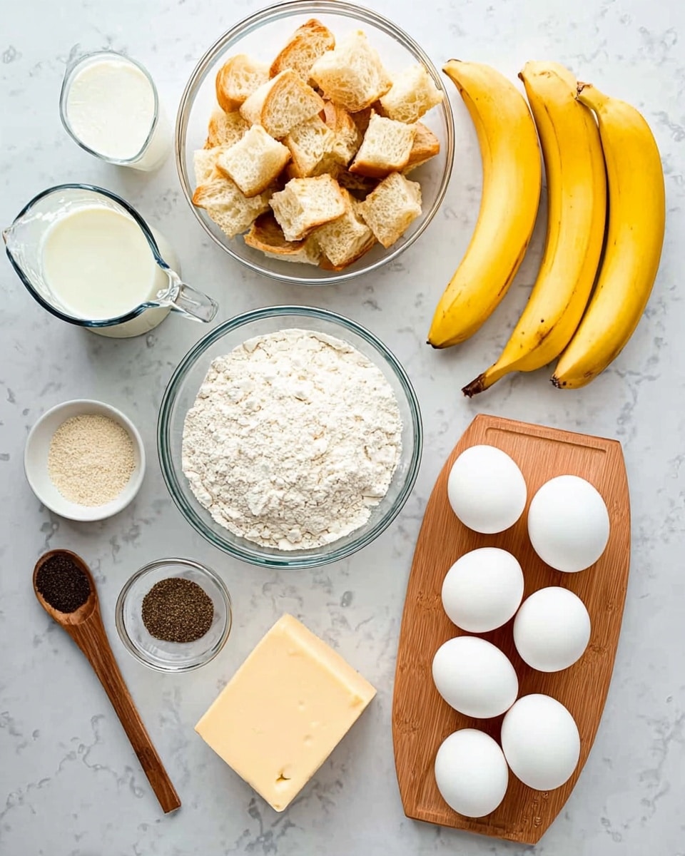 The image shows ingredients laid out on a white marbled surface, including a large clear glass bowl filled with soft bread cubes at the top center. Below it, five yellow bananas rest horizontally. A rectangular piece of pale yellow cheese lies near a wooden tray holding six white eggs arranged in two rows of three on the right. There is a clear glass cup filled with milk near the bottom left and another larger measuring jug filled with milk on the top left. A small bowl with light brown sugar is placed next to a small glass container holding dark spices. A wooden spoon with a blackish substance sits near the center. Finally, a clear glass bowl of white flour is positioned at the bottom center photo taken with an iphone --ar 4:5 --v 7
