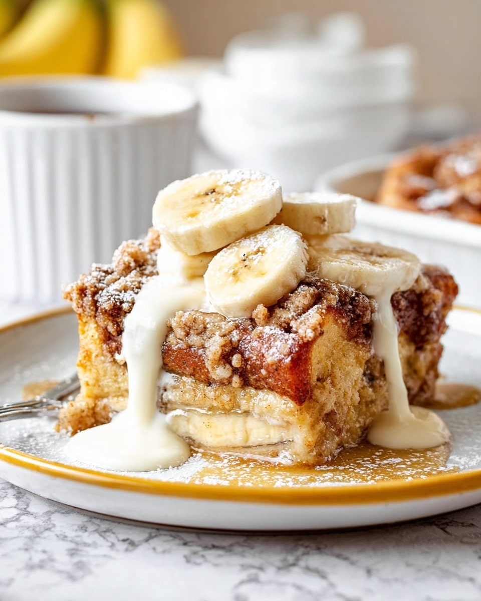 A thick, square piece of bread pudding sits on a white plate with a yellow rim, placed on a white marbled surface. The bottom layer is a dense, golden brown bread base, topped with a soft layer of banana slices, then a crumbly, slightly darker brown streusel layer. On top, there is a drizzle of white cream sauce flowing down the sides, and more banana slices are arranged on the very top. Some powdered sugar is sprinkled over the top, adding a light dusting contrast. In the background, blurred white dishes and bowls add depth without distracting from the main dish. Photo taken with an iphone --ar 4:5 --v 7