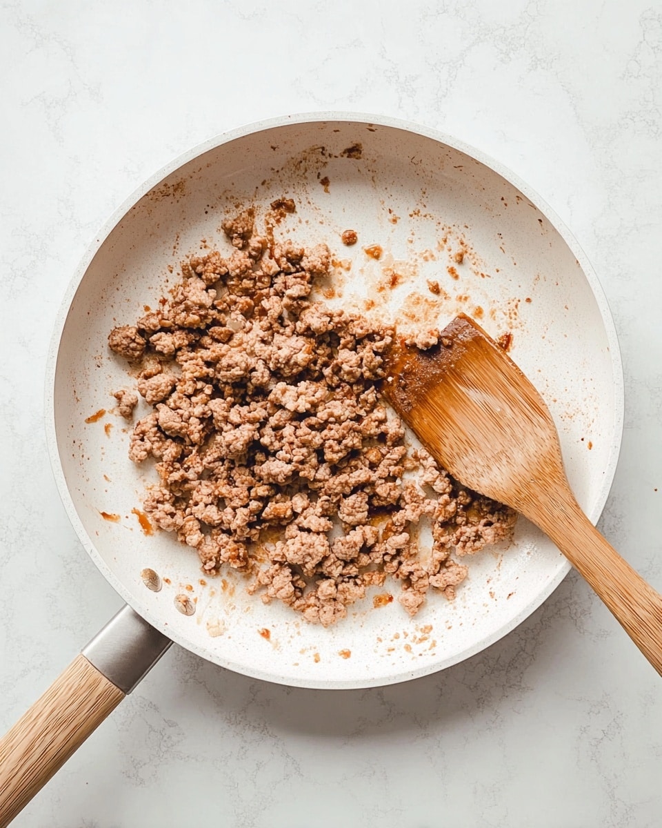 A white pan with a light wood handle is shown cooking crumbled brown meat that is evenly spread across the pan’s surface, with a few small bits scattered around. A wooden spatula rests on the right edge of the pan, showing some brown stains from cooking. The background has a white marbled texture. photo taken with an iphone --ar 4:5 --v 7