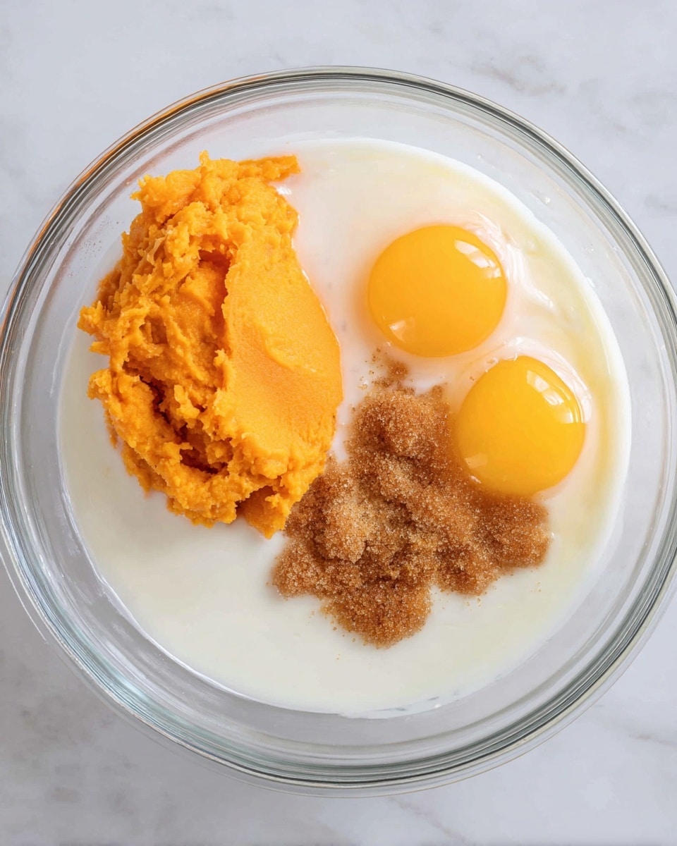 A clear glass bowl shows four layers inside on a white marbled background. The bottom layer is white liquid, likely milk or cream, covering most of the bowl’s base. On the left side inside the liquid is a thick, bright orange layer of mashed sweet potatoes, soft and textured. On the right side, there are two whole raw eggs with shiny, smooth, and bright yellow yolks, surrounded by translucent egg whites. On top of the mashed sweet potatoes, a small pile of brown sugar is scattered, adding a granular texture. Photo taken with an iphone --ar 4:5 --v 7