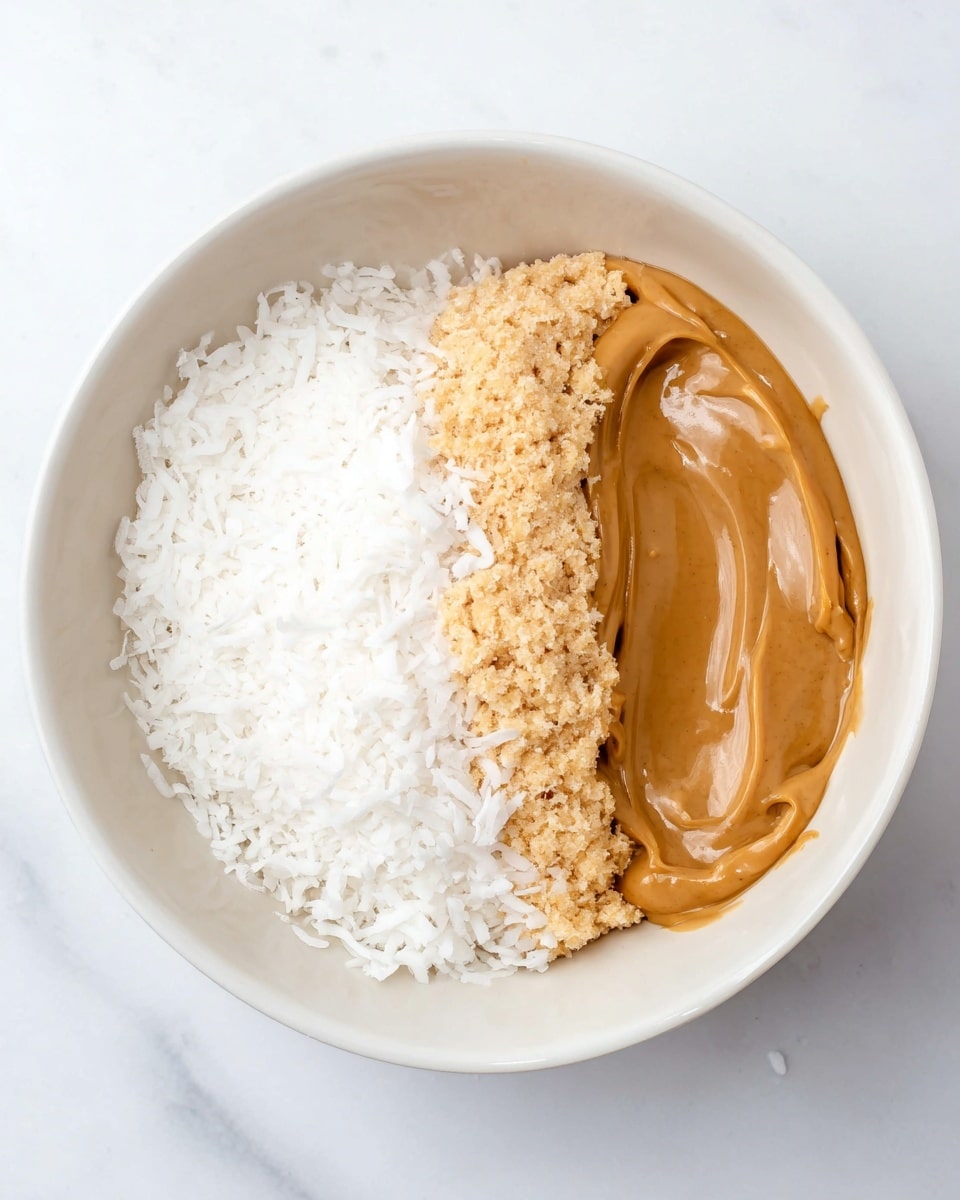 In a white bowl on a white marbled surface, there are three layers placed side by side. On the left side, there is a large pile of white shredded coconut with a dry and flaky texture. The right side is divided into two creamy layers: the bottom right layer is a smooth medium brown peanut butter with a shiny surface, and on top of it slightly overlapping is a lighter tan layer with a similar smooth and glossy texture, likely another nut-based spread. The layers are clearly separated but touch each other gently, showing contrasting colors and textures. Photo taken with an iphone --ar 4:5 --v 7