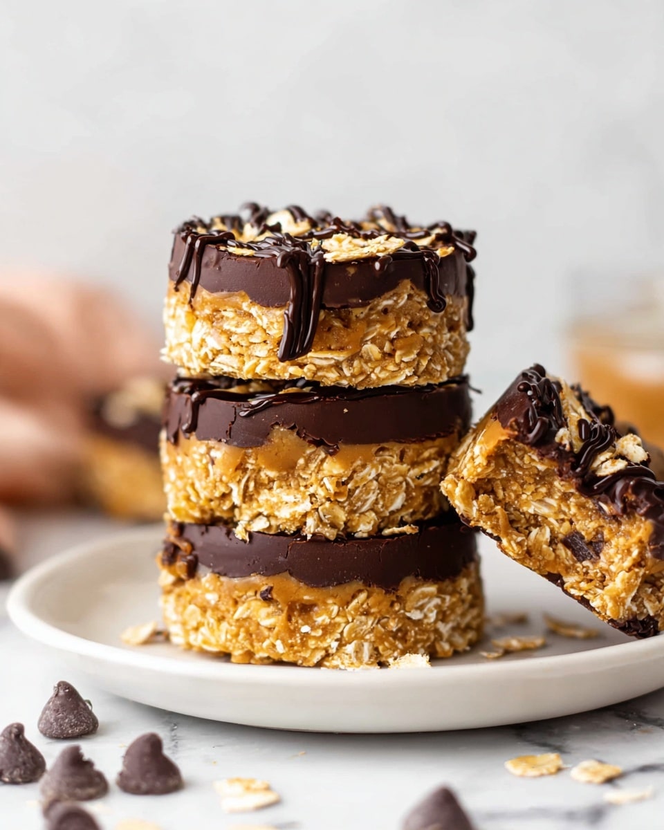 The image shows a stack of three round oat and peanut butter treats on a white plate, each with a bottom layer of smooth dark chocolate, a thick middle layer of golden oats mixed with peanut butter, and a top layer with drizzled dark chocolate and a sprinkling of flakes. One additional treat is leaning against the stack, showing the side view of the chocolate base. Scattered dark chocolate chips rest on the plate around the treats, all set on a white marbled surface with a soft blurred background. photo taken with an iphone --ar 4:5 --v 7