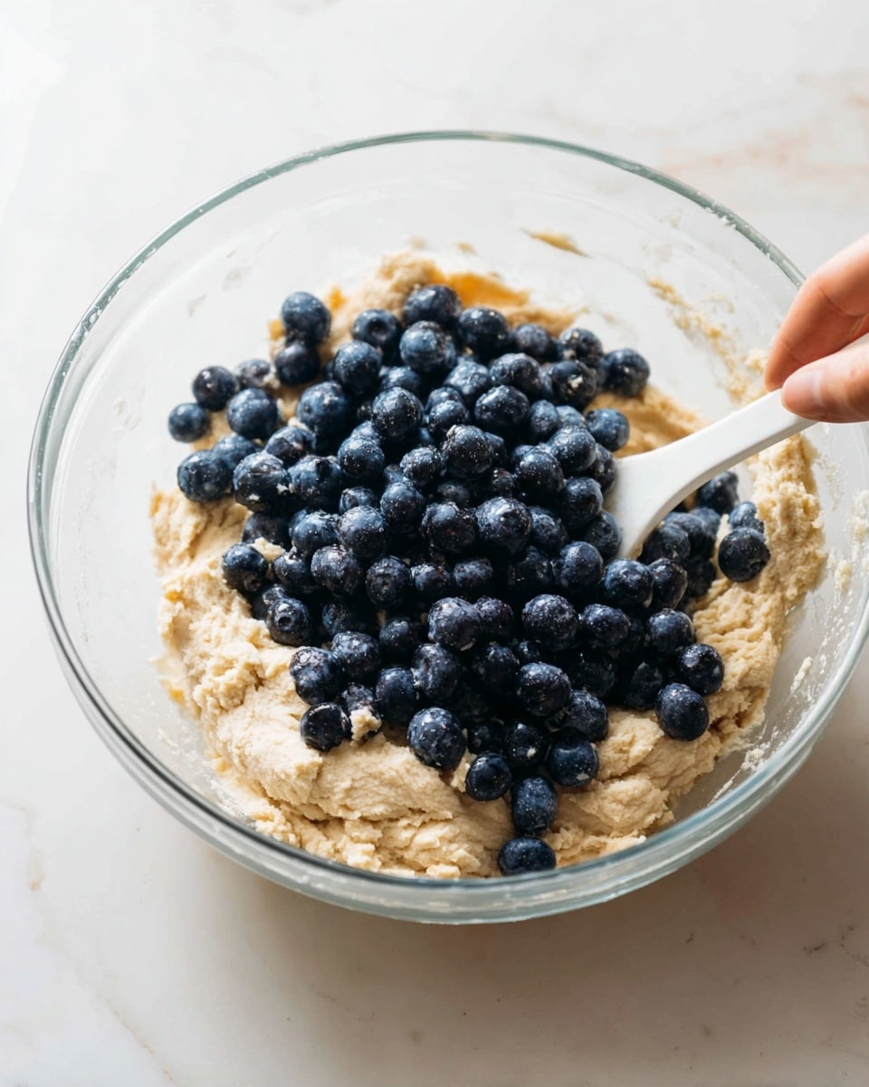 A clear glass bowl holds a creamy beige dough layer at the bottom with a rough and soft texture, topped with a pile of dark blue, round blueberries scattered unevenly over the dough. A woman’s hand holding a white spatula is seen on the right side, partially covered by the dough, gently mixing or folding the ingredients. The bowl sits on a white marbled surface, creating a clean and bright setting. Photo taken with an iphone --ar 4:5 --v 7