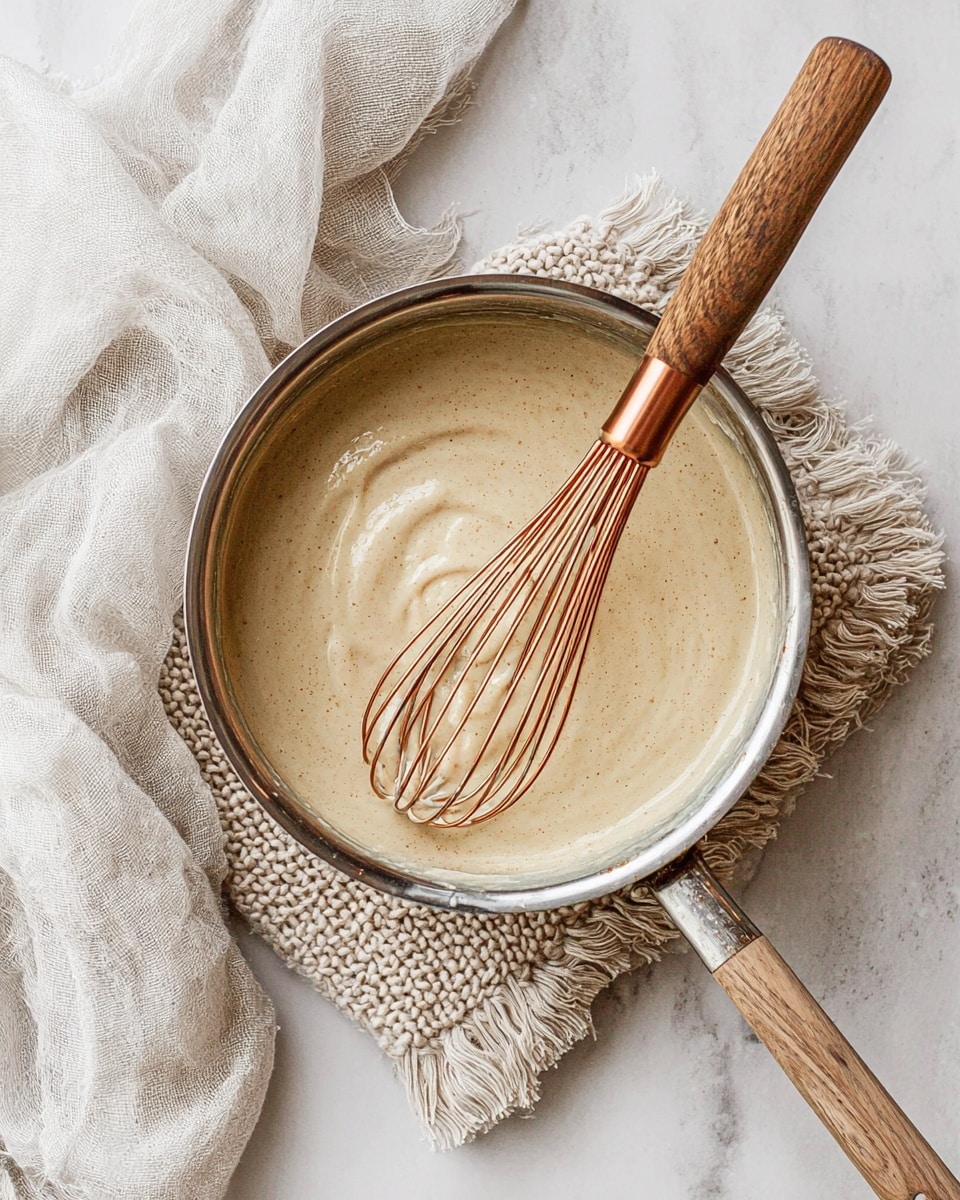 A shiny silver pot contains a smooth, creamy mixture with a soft beige color and tiny darker specks throughout. A whisk with a wooden handle and copper accents is resting inside the pot, partially submerged in the mixture, showing gentle swirls on the surface. The pot sits on a knitted beige trivet over a white marbled surface, with a light, crumpled cloth casually placed nearby. photo taken with an iphone --ar 4:5 --v 7