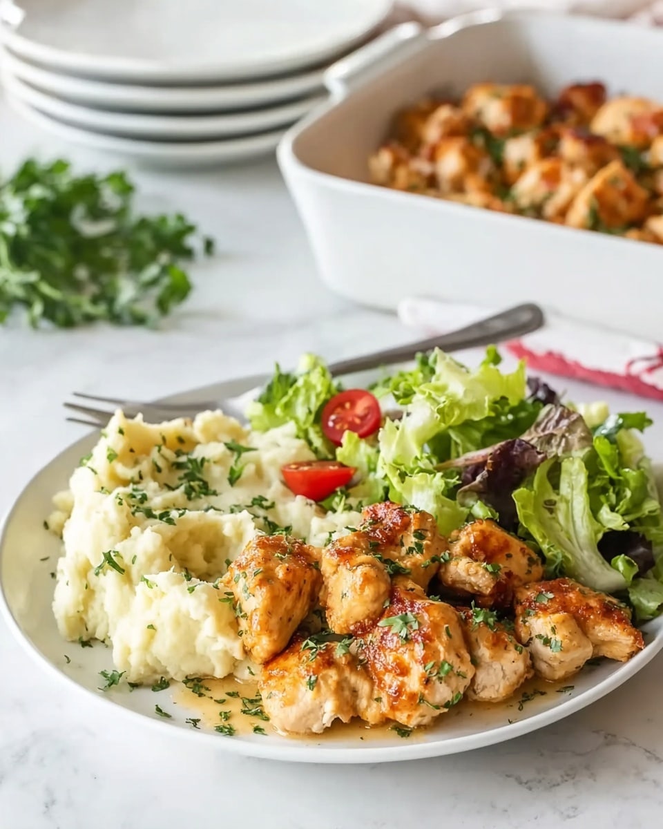 A white plate on a white marbled surface holds a meal with three main parts. On the left is a portion of mashed potatoes, soft and creamy with a light beige color. On top of the mashed potatoes and spreading to the center of the plate are several pieces of golden brown cooked chicken with a slight crust, garnished with chopped green herbs. On the right side of the plate is a fresh salad made of different lettuce types in light and dark green shades, with small red cherry tomato halves scattered through it. A fork rests beside the salad on the plate. In the background, a white dish contains more cooked chicken pieces, and there are also stacked white plates and some green herbs. Photo taken with an iphone --ar 4:5 --v 7