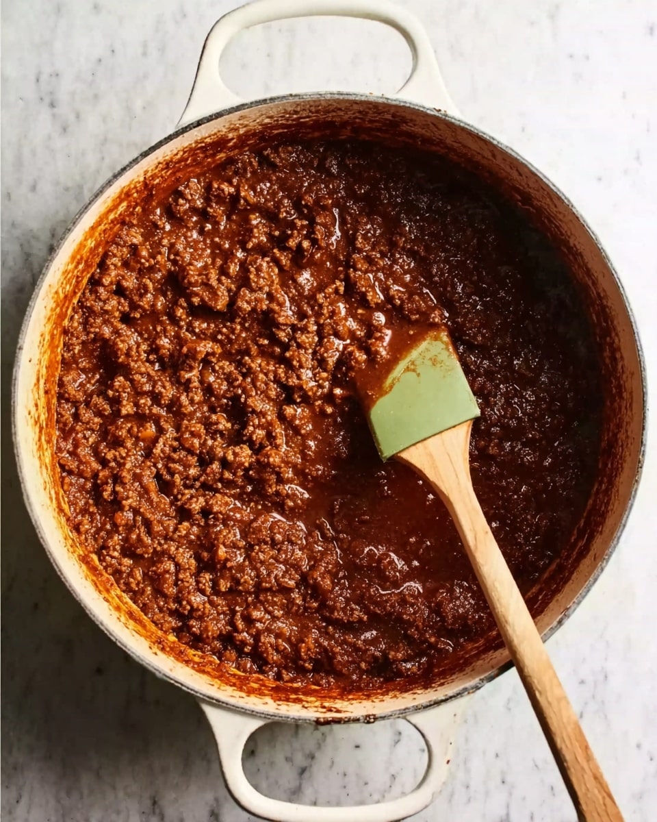 A large white pot filled with a rich, dark brown thick meat sauce that has a coarse texture with visible small meat pieces and a glossy finish. A wooden spatula with a green silicone head is resting inside the pot, stirring the sauce. The pot is placed on a white marbled surface. The photo taken with an iphone --ar 4:5 --v 7
