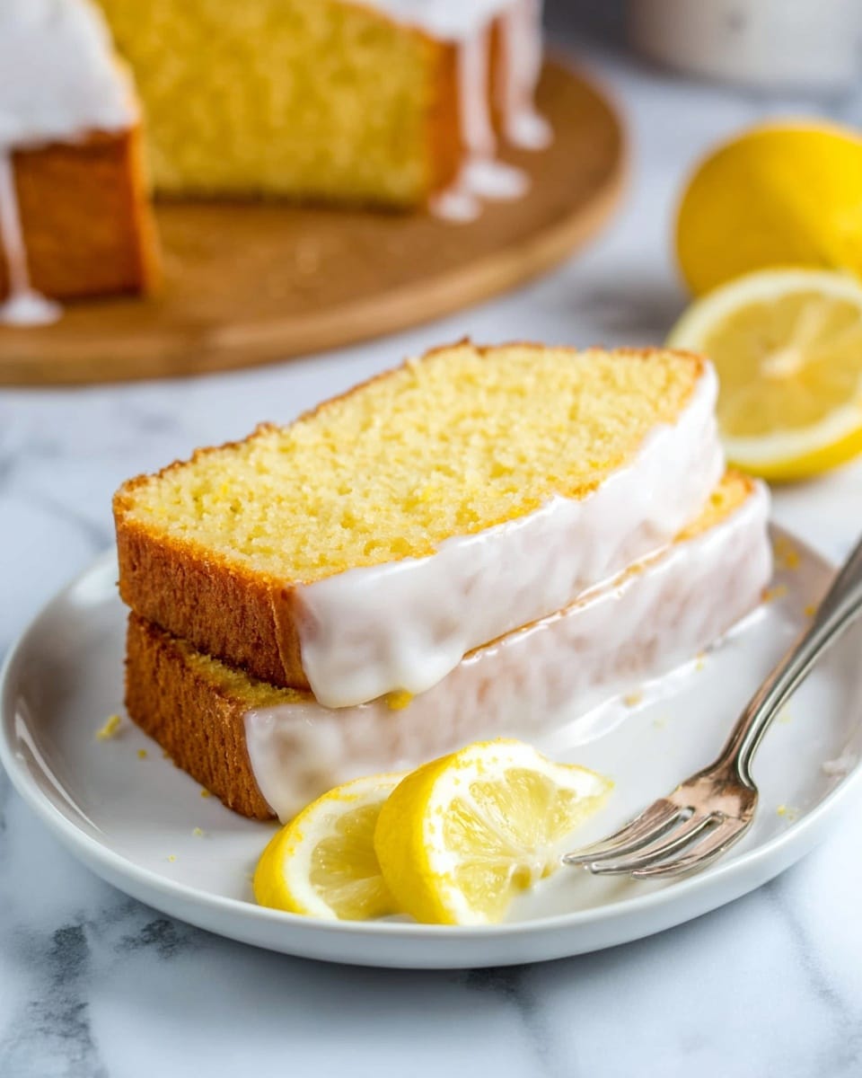 Two slices of yellow lemon cake with a thick white glaze layer covering the top and sides are stacked slightly angled on a white plate. Behind the cake slices, there are two thin lemon wedges placed near a small silver fork, all resting on a white marbled surface. The background softly shows more lemon cake on a wooden board and a halved lemon out of focus. photo taken with an iphone --ar 4:5 --v 7