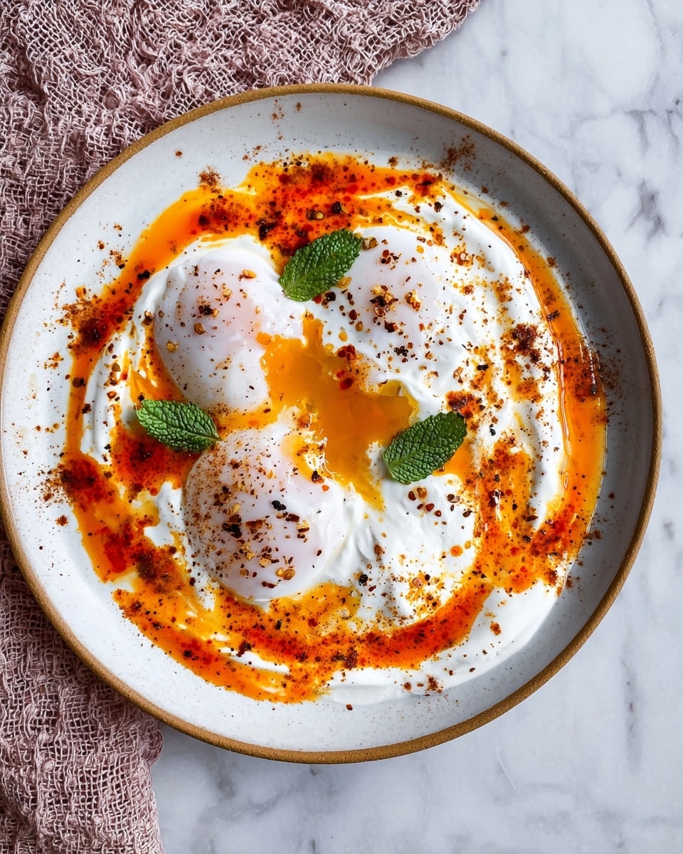 A round white plate holds three white poached eggs with soft, flowing whites and bright orange yolks partially visible. The eggs rest on a creamy white yogurt sauce spread thickly across the plate. A vibrant orange-red spiced butter sauce is swirled around and over the eggs, creating a fiery contrast with the white yogurt. Small flecks of black pepper and spices are sprinkled over the dish. Two small green mint leaves sit on top as a fresh garnish. The plate is placed on a white marbled surface with a textured light pink cloth in the corner. Photo taken with an iphone --ar 4:5 --v 7