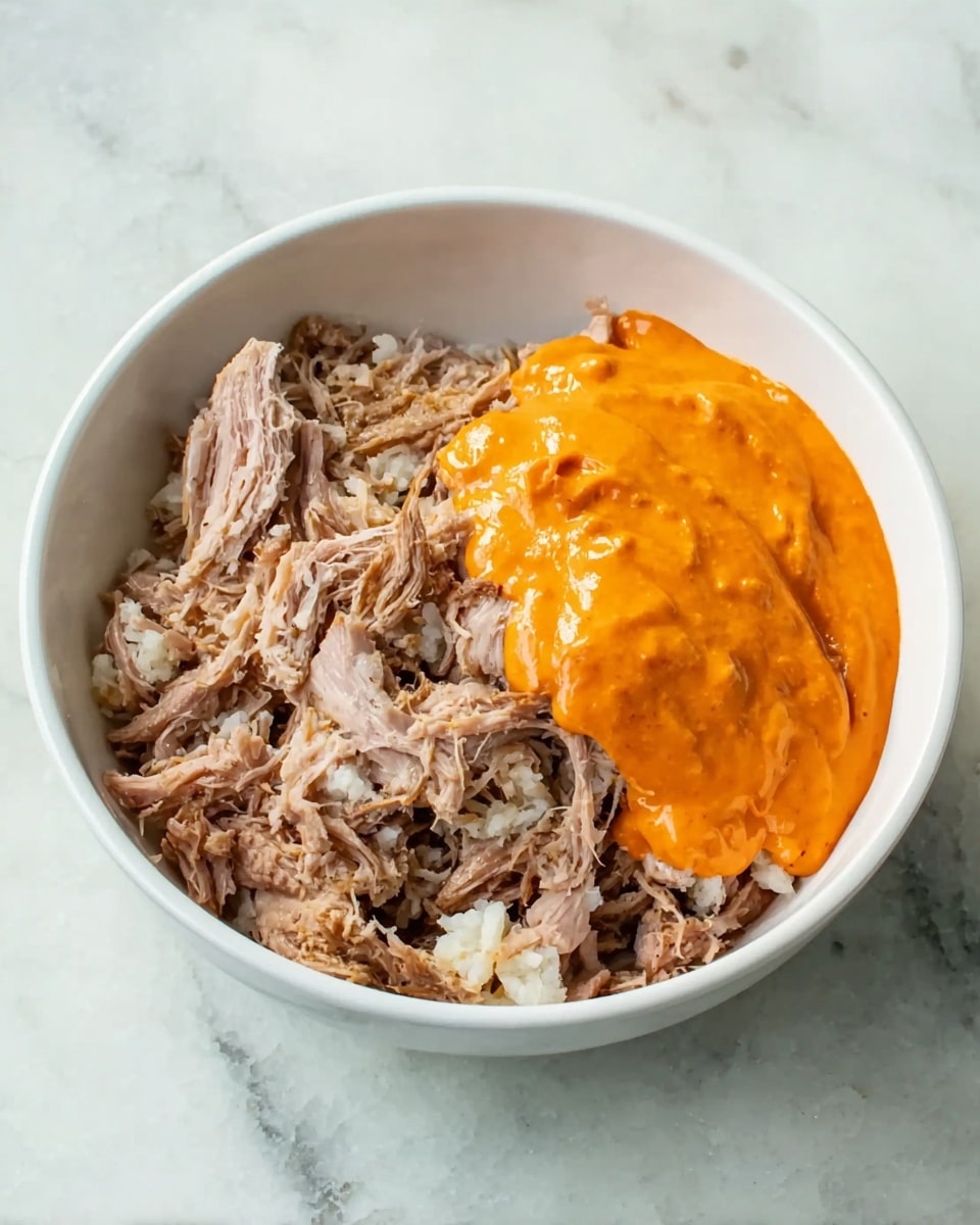 A white bowl contains two main layers of food. On the left and bottom side is a layer of shredded light brown meat with a slightly fibrous texture. On the right side, there is a dollop of smooth, thick orange sauce sitting on top of the meat but not fully covering it. The bowl is placed on a white marbled surface, photo taken with an iphone --ar 4:5 --v 7
