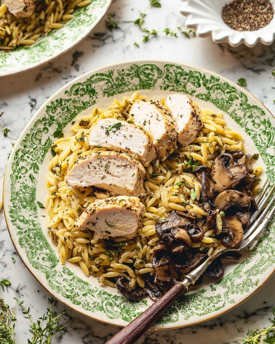 A white plate with a green floral border holds a bed of light yellow orzo pasta mixed with dark brown sautéed mushroom slices. On top, there are several thick slices of cooked chicken, pale beige with a slightly golden brown edge and sprinkled with black pepper and small green herb leaves. A metal fork with a dark wooden handle rests partly under the pasta on the plate. The background is a white marbled surface with some small green herb sprigs and a white scalloped dish holding ground black pepper nearby. Photo taken with an iphone --ar 4:5 --v 7