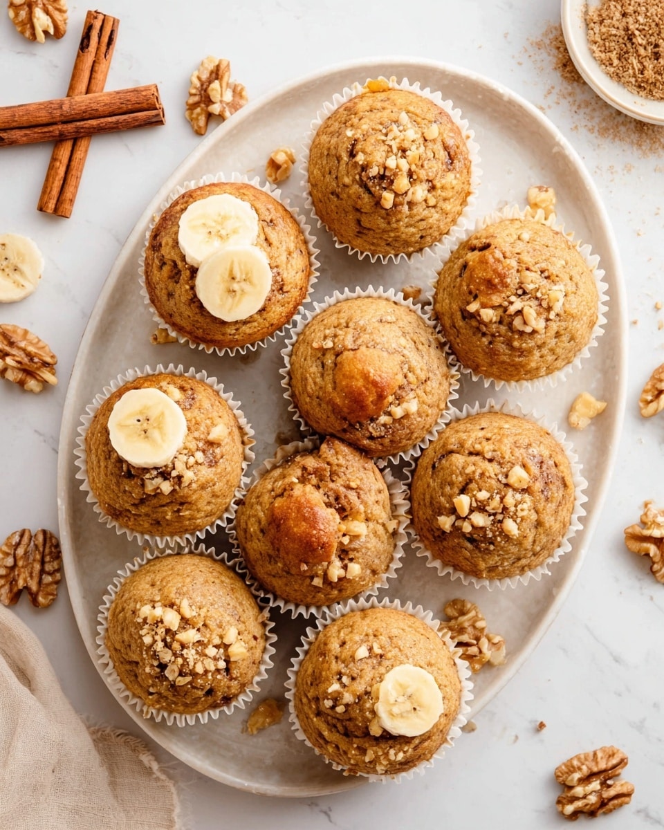 The image shows a white oval plate on a white marbled surface with ten light golden brown banana muffins in white paper liners. Each muffin has a slightly domed top with a textured surface, some sprinkled with small chopped walnuts and one topped with a single banana slice. Around the plate, a few walnut halves are scattered, and cinnamon sticks are placed near the top left corner. The muffins look soft and moist with a speckled pattern from the nuts and banana pieces. Photo taken with an iphone --ar 4:5 --v 7