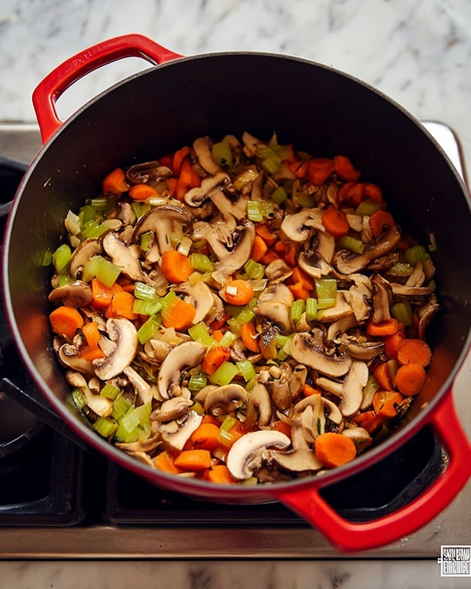 A large red pot filled with cooked vegetables sits on a stove. Inside the pot, there are thinly sliced pieces of mushrooms that are light brown and slightly glossy. Mixed with the mushrooms are small, round slices of orange carrots and thin strips of light green celery. The vegetables appear soft and lightly fried, with a shiny texture showing they have been cooked with some oil or butter. The stove and surrounding surface have a white marbled texture. photo taken with an iphone --ar 4:5 --v 7
