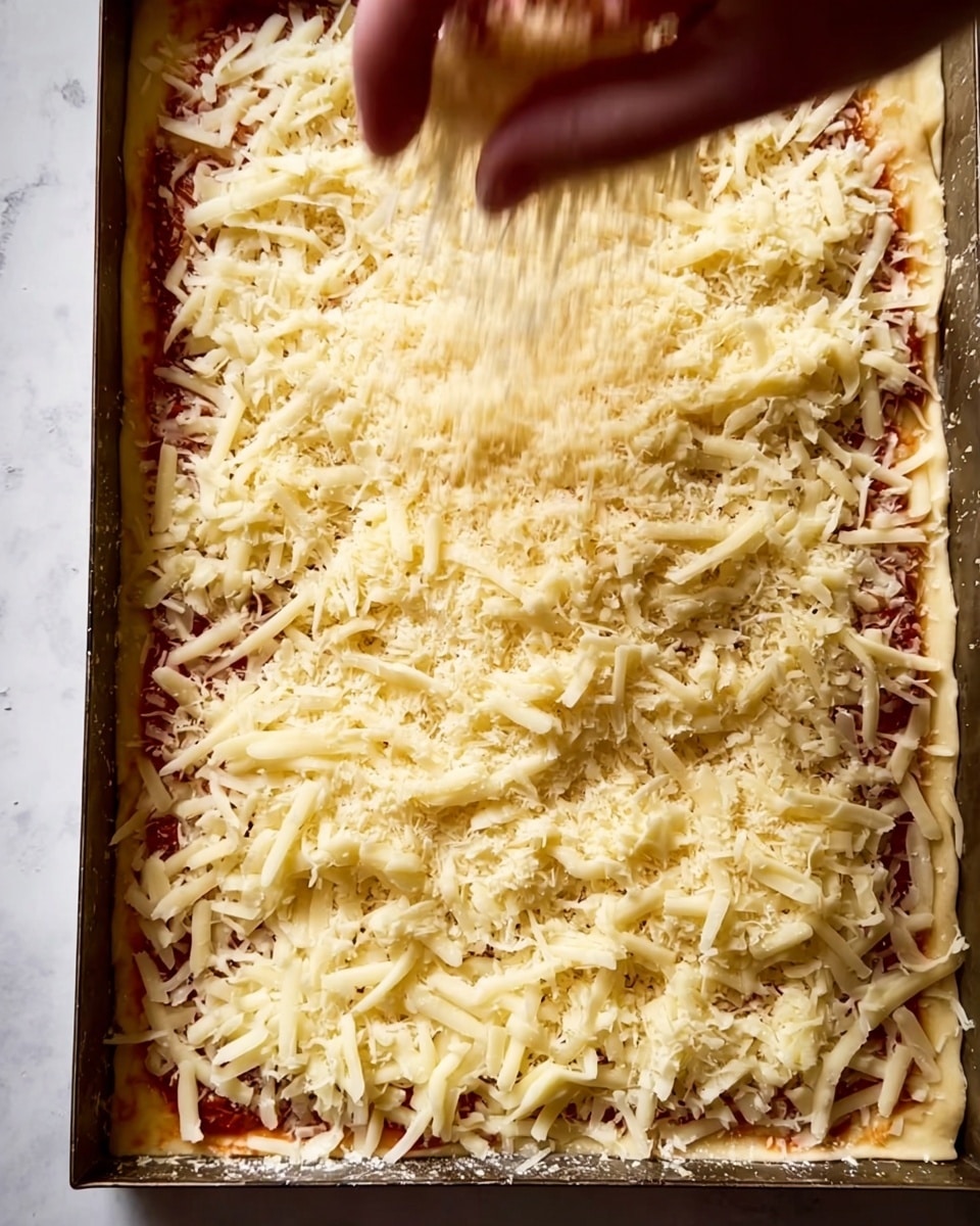 A baking tray filled with a layered dish starting with a golden brown base layer that looks like baked dough or pasta, topped with a layer of chunky red sauce visible through some gaps, and covered with a thick layer of shredded pale yellow cheese. A woman's hand is sprinkling a fine layer of grated light yellow cheese over the top, adding texture to the existing cheese layer. The tray is on a white marbled surface, and the edges of the dough are slightly folded up inside the tray. Photo taken with an iphone --ar 4:5 --v 7