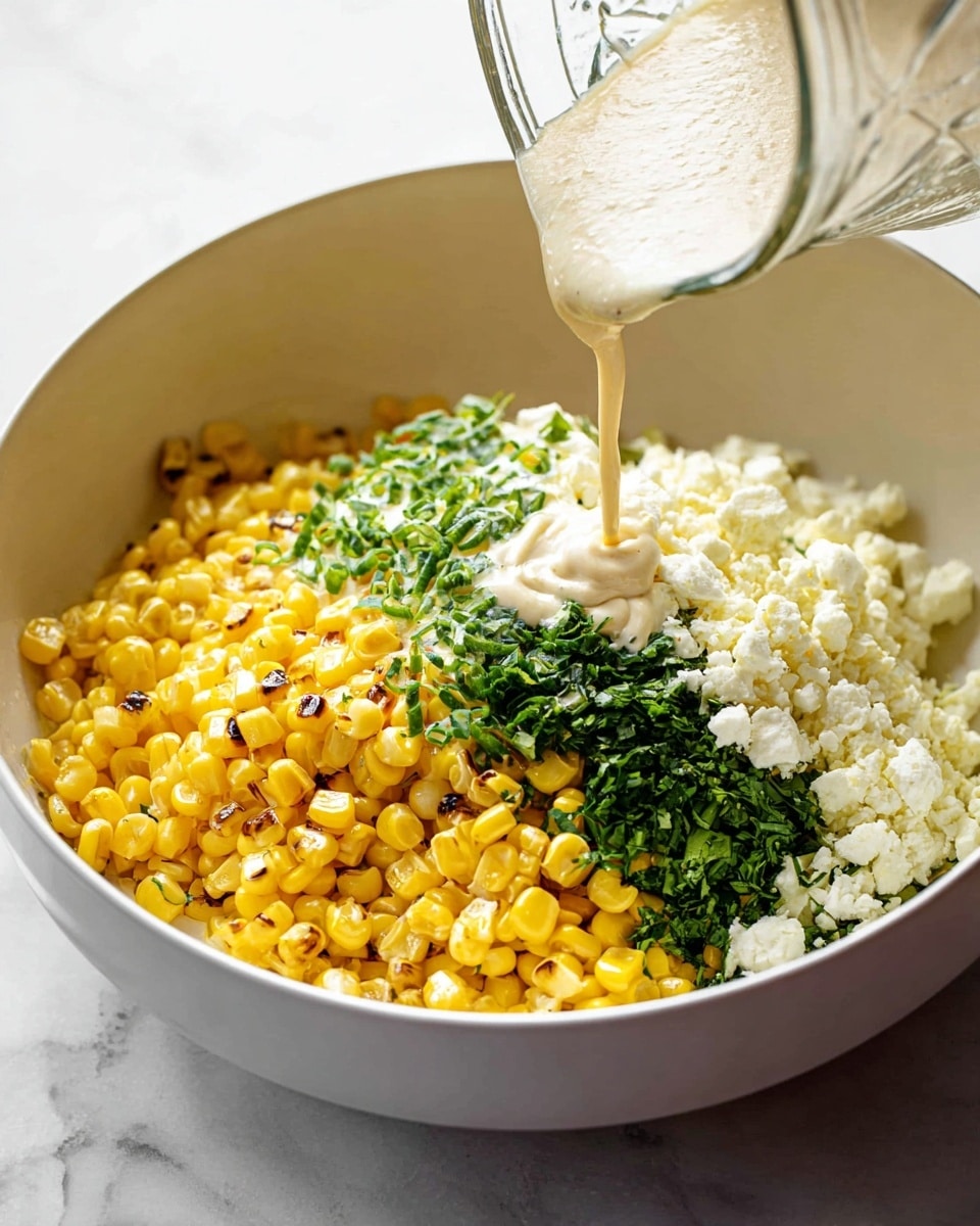 A white bowl holds four main layers closely packed: bright yellow grilled corn kernels with small brown grill marks on the left side, finely chopped bright green herbs in the middle top, a crumbly white cheese layer below the herbs, and a smooth beige cream sauce being poured over the cheese and herbs from a clear glass container positioned at the upper right. The bowl sits on a white marbled surface. photo taken with an iphone --ar 4:5 --v 7