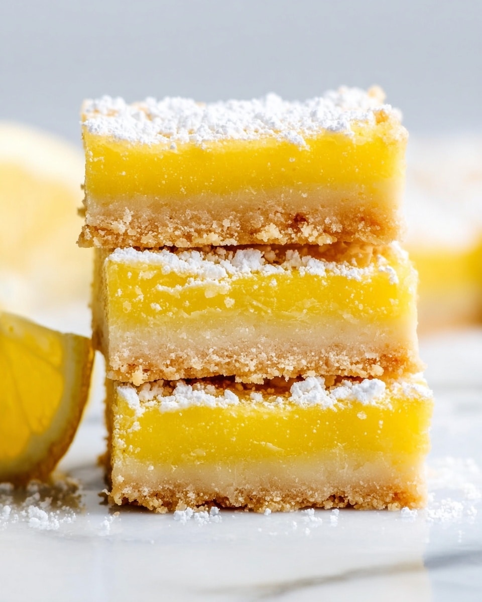 The image shows a stack of three lemon bars, each with two layers: a thick, crumbly light brown base layer and a bright yellow, smooth and slightly porous lemon layer on top. The top of the bars is dusted with a thin layer of white powdered sugar crumbs. The bars rest on a white marbled surface, and a slice of lemon is partially visible on the left side. The overall look is fresh and inviting, with clean edges and a soft texture on the lemon layer photo taken with an iphone --ar 4:5 --v 7
