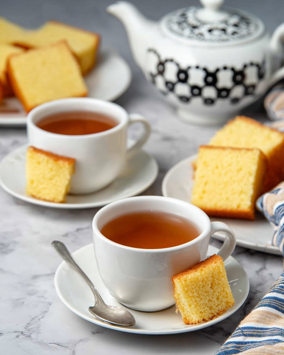 Two white cups filled with light brown tea sit on white saucers on a white marbled surface. Each saucer holds a piece of yellow sponge cake with golden brown edges. Behind the cups, there is a white teapot with black circular patterns on it, placed on a white plate. In the background, a white plate holds more pieces of the yellow sponge cake. A silver spoon rests on the saucer in front, and a striped cloth with blue, white, and beige colors is partly visible on the right side. The scene is bright and simple, focused on the tea and cake. photo taken with an iphone --ar 4:5 --v 7