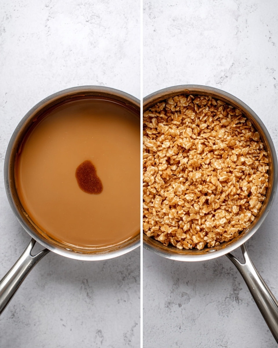 The image shows two metal saucepans side by side on a white marbled surface. The left saucepan holds a smooth, light brown caramel liquid with a small darker brown spot on the surface near the edge. The right saucepan contains a sticky mixture of puffed rice cereal coated evenly in the same light brown caramel, giving it a textured, clumpy look with some grains slightly shiny and others matte. Both pans have a shiny silver handle extending outward. photo taken with an iphone --ar 4:5 --v 7