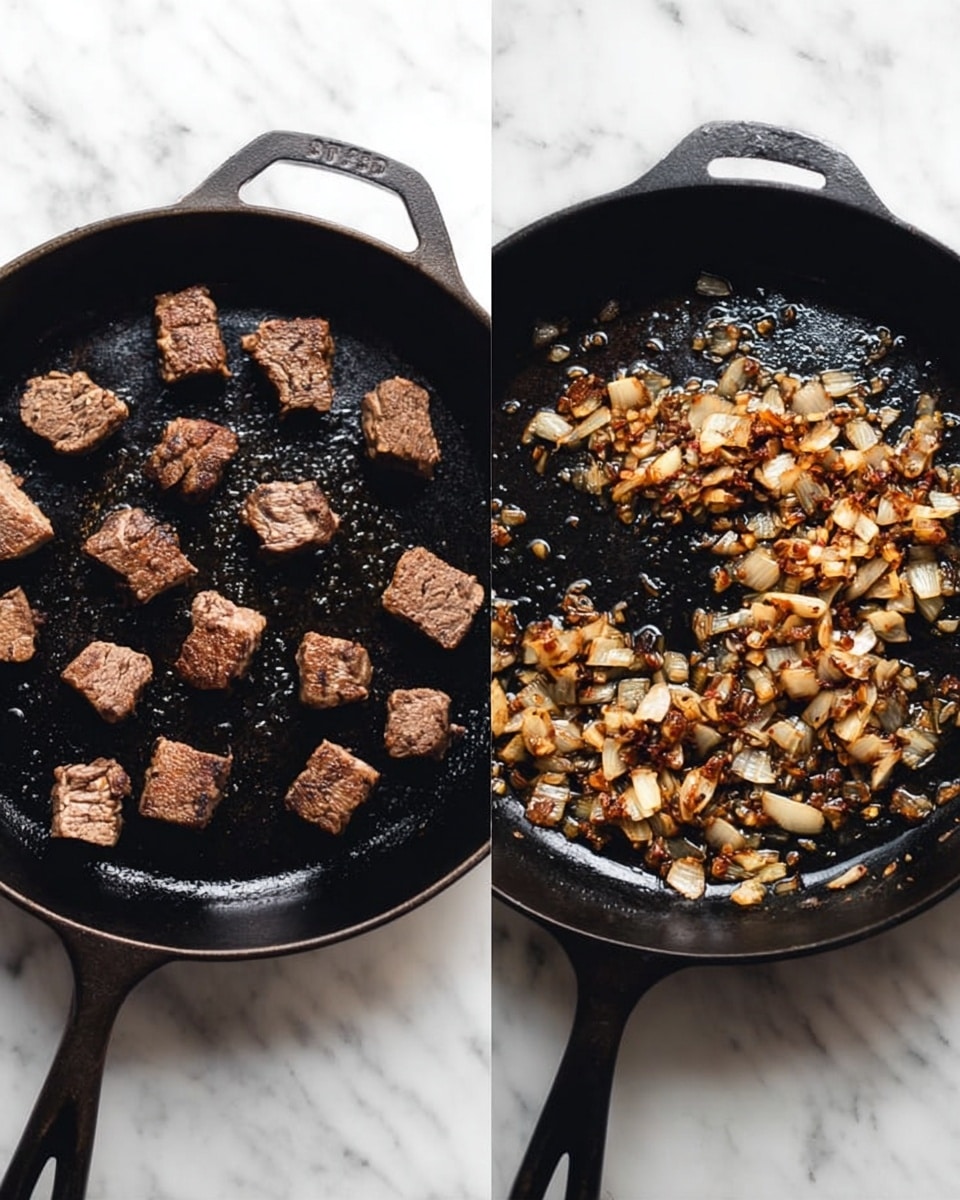 The image shows two black cast iron pans on a white marbled surface, side by side. The pan on the left contains several small brown cubes of cooked meat evenly spread out, each piece showing a browned, slightly crispy texture. The pan on the right holds small diced onions and garlic, sautéed to a golden brown color, spread loosely across the pan's surface. Both pans show some shiny oil residue at the bottom. The lighting is soft and natural, highlighting the textures and warm colors of the food. Photo taken with an iphone --ar 4:5 --v 7