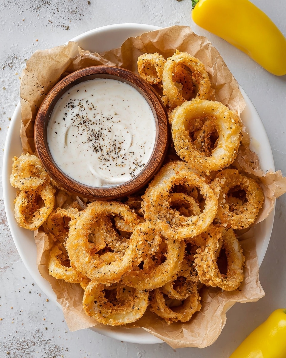 A white plate holds a layer of brown parchment paper with golden fried onion rings scattered unevenly on top; the rings have a crispy, rough texture with specks of black pepper seasoning visible. In the upper center of the plate, a small round wooden bowl is filled with creamy white dipping sauce, sprinkled with cracked black pepper. The plate is on a surface with white marbled texture. Two whole yellow chili peppers are positioned next to the plate, one in the upper right corner and the other in the lower left corner. photo taken with an iphone --ar 4:5 --v 7